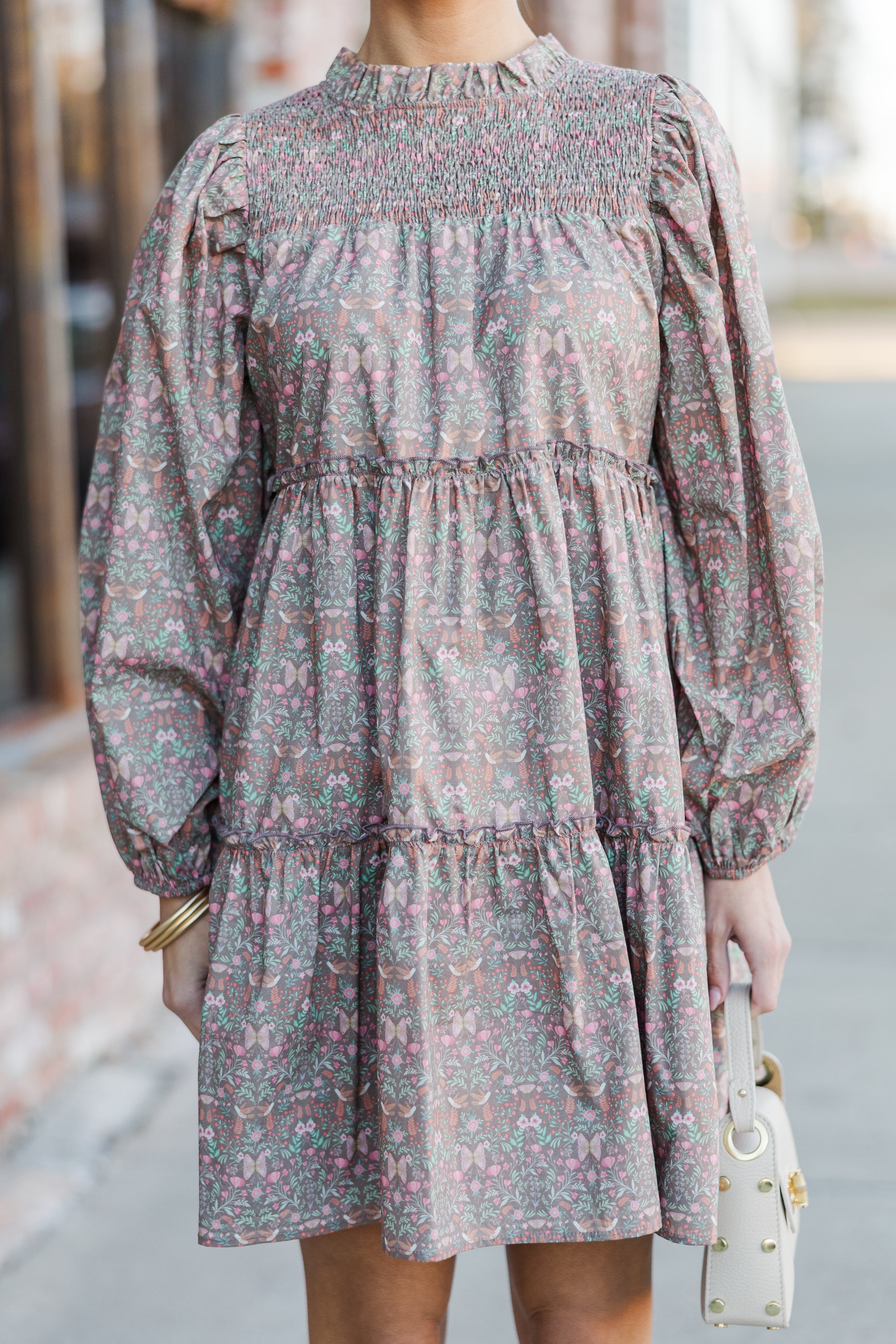 Gorgeous Muted Brown Floral Babydoll Dress - Be Your Best!
