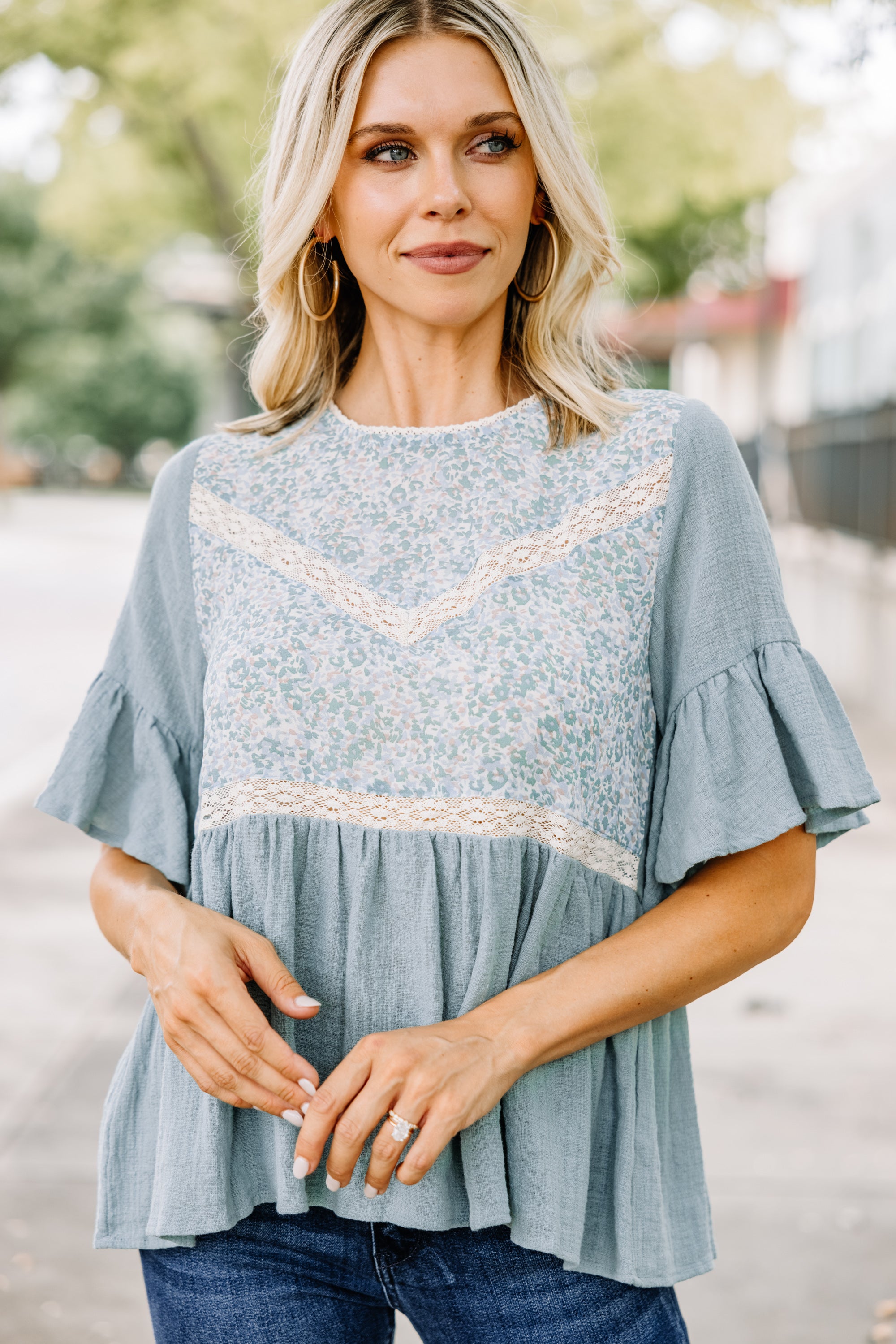 Be True Enchanting Dusty Blue Lace Babydoll Blouse