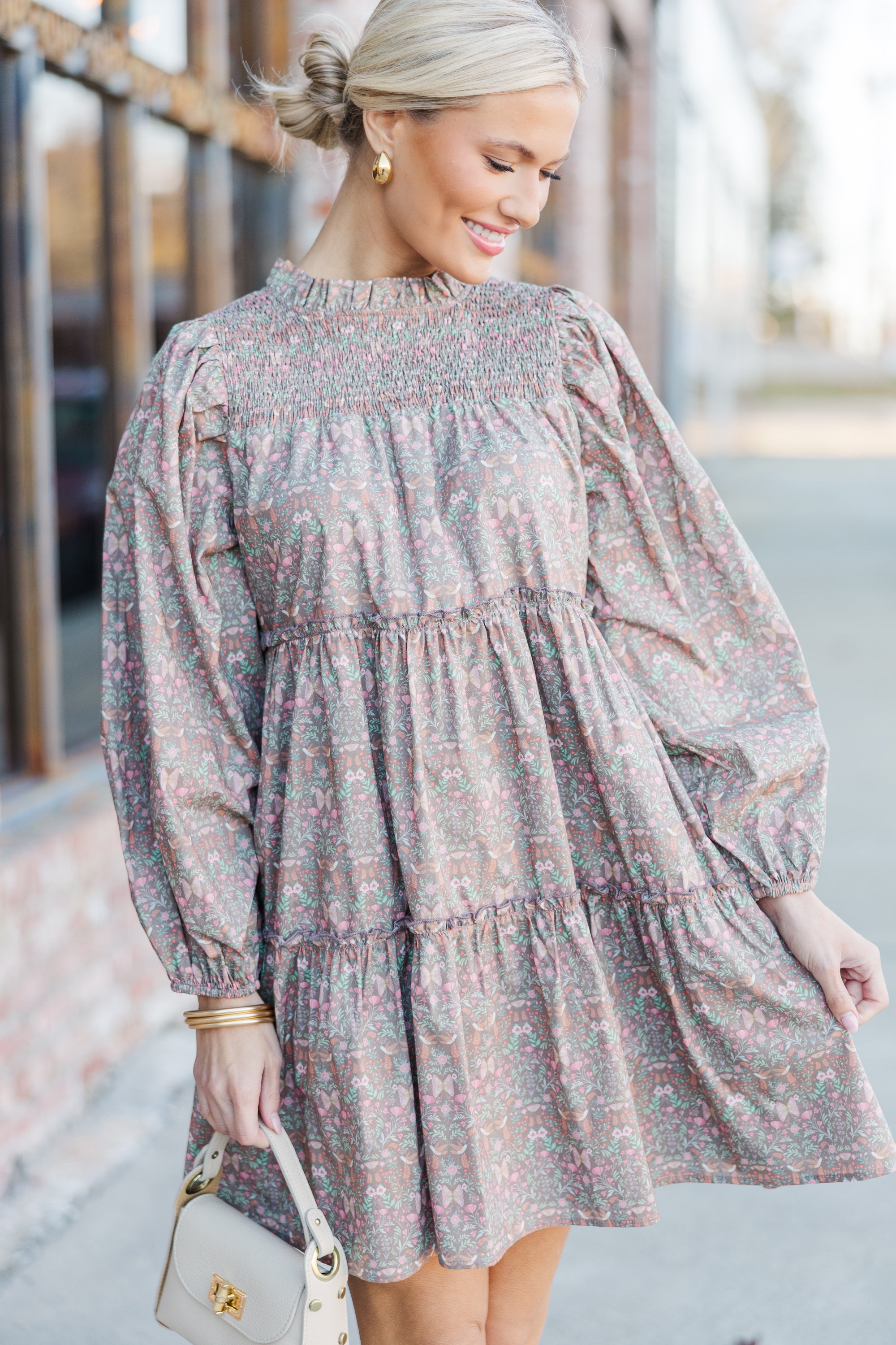 Gorgeous Muted Brown Floral Babydoll Dress - Be Your Best!