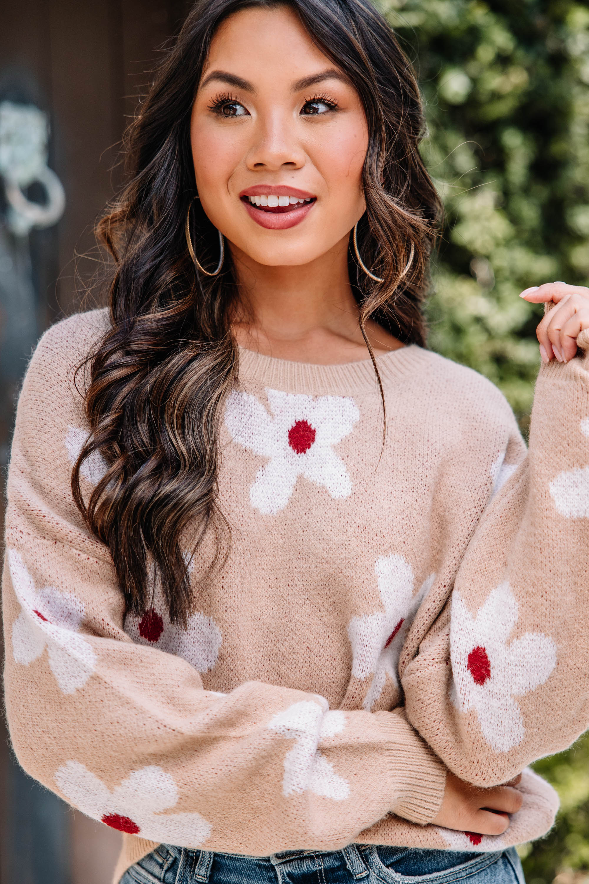 Gorgeous Sand Brown Floral Sweater - Feel Confident Now!