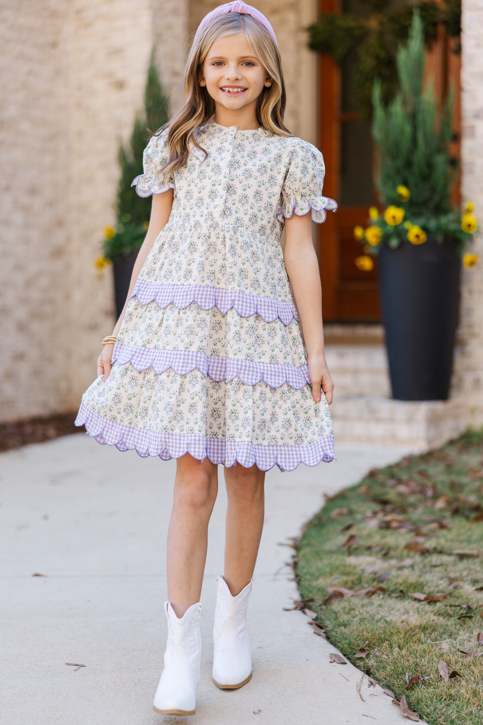 Girls' Dreamy Cream Floral S/S Midi Dress - Stand Out in Style!