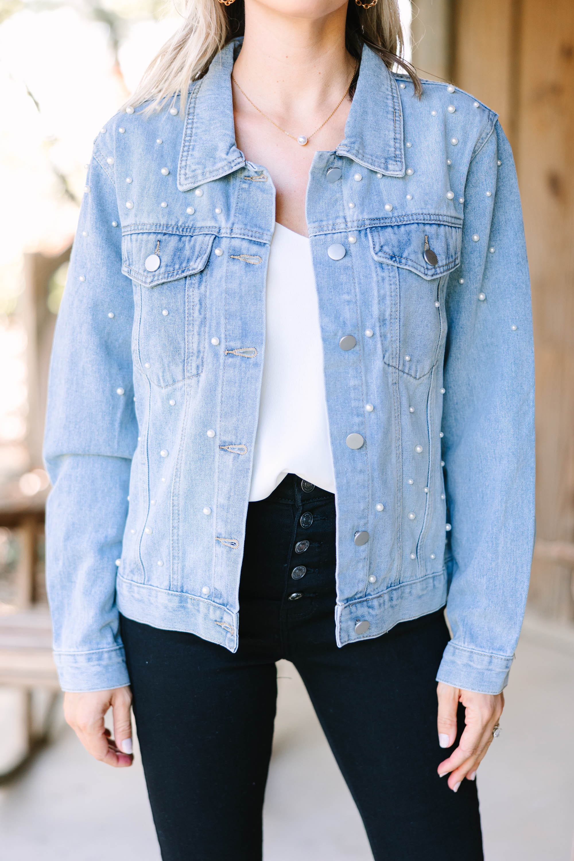Eye - Catching Light Wash Pearl Embellished Denim Jacket