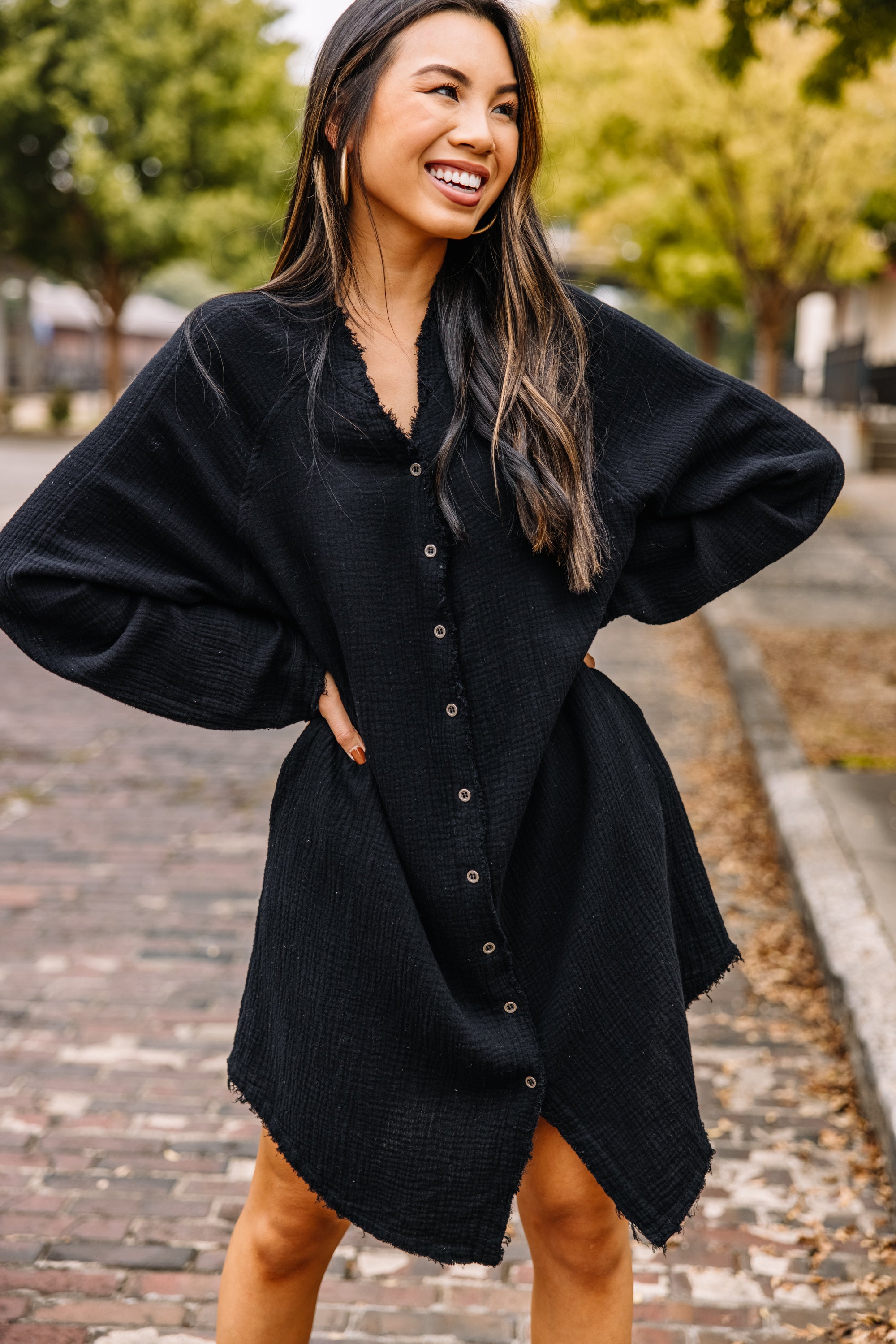 All Is Well Stylish Black Button Down Dress