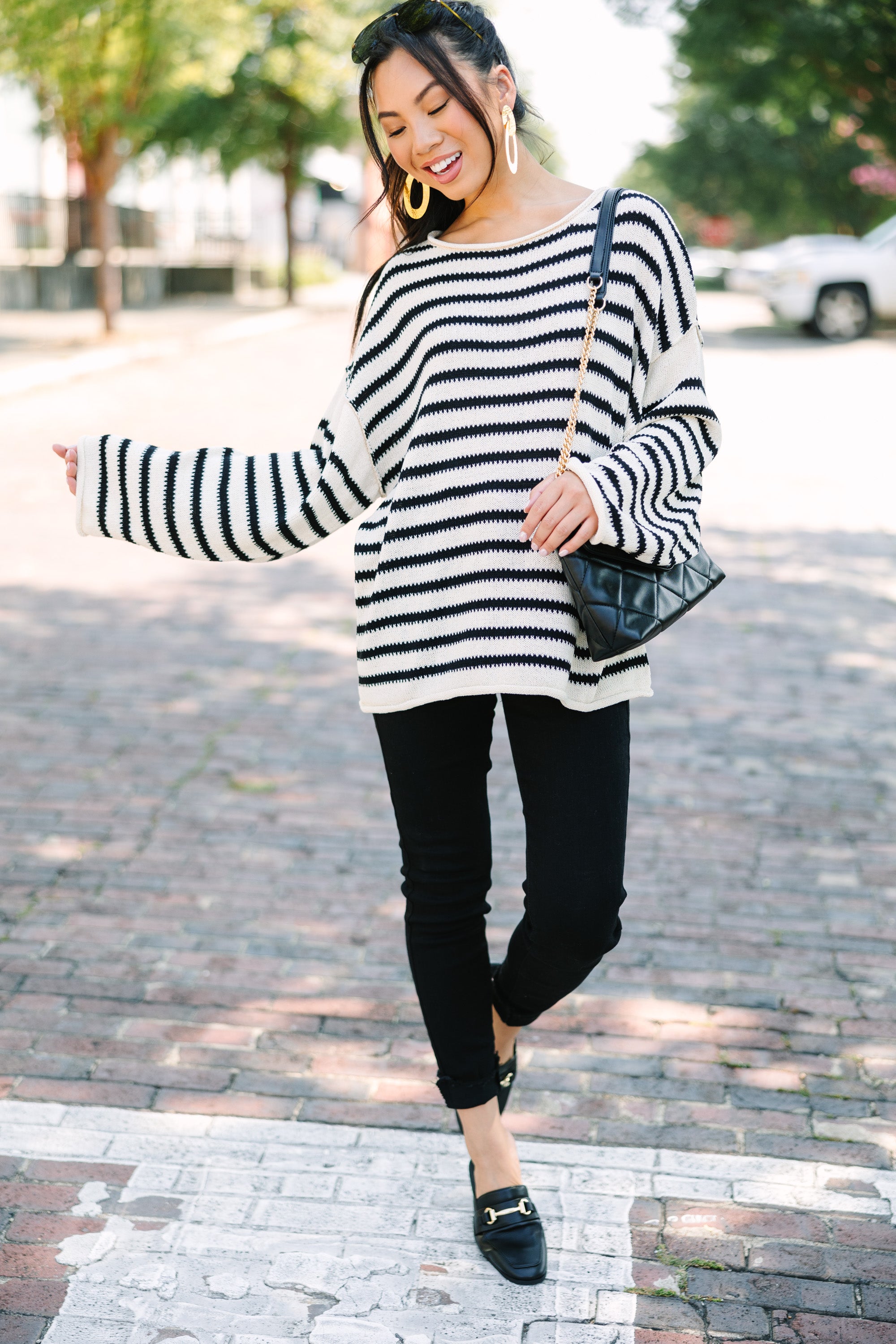 Joyful Ivory White Striped Oversized Sweater