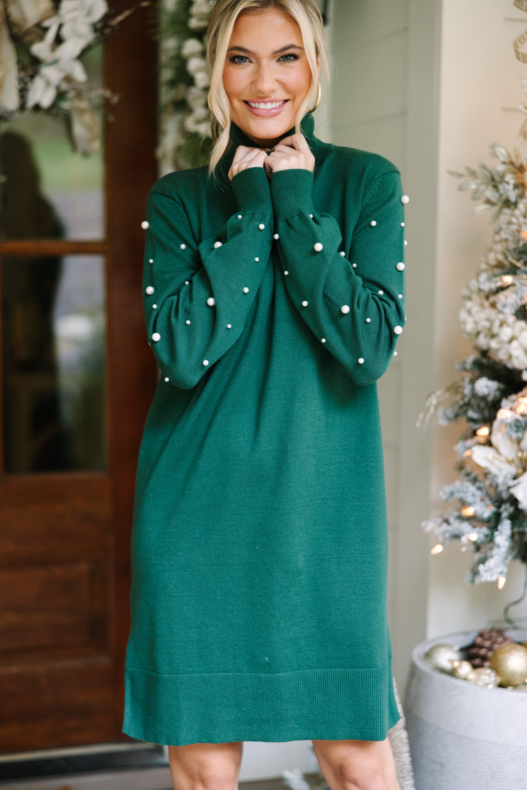 Fall in Love with Our Emerald Green Pearl-Embellished Sweater Dress