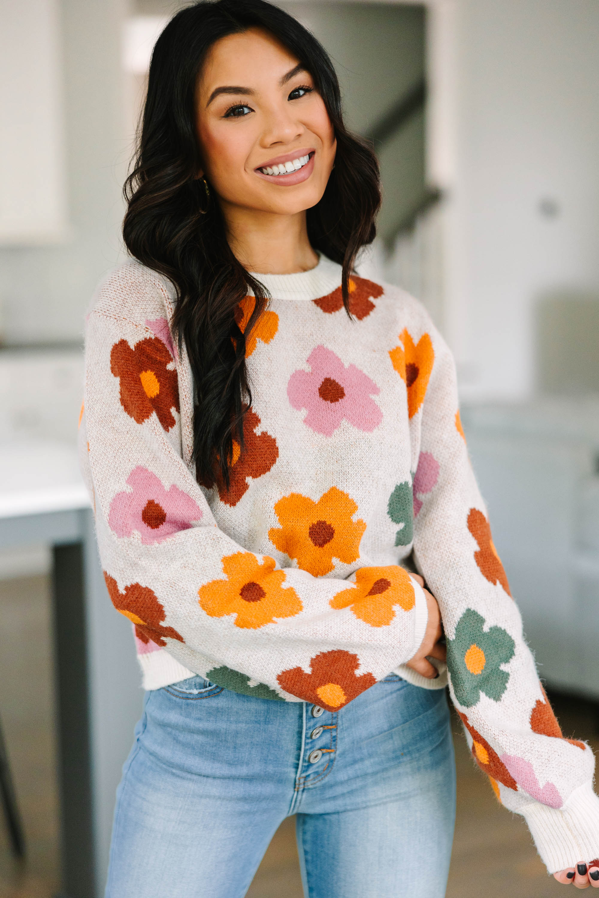 Irresistible Everyday White Floral Fun Sweater