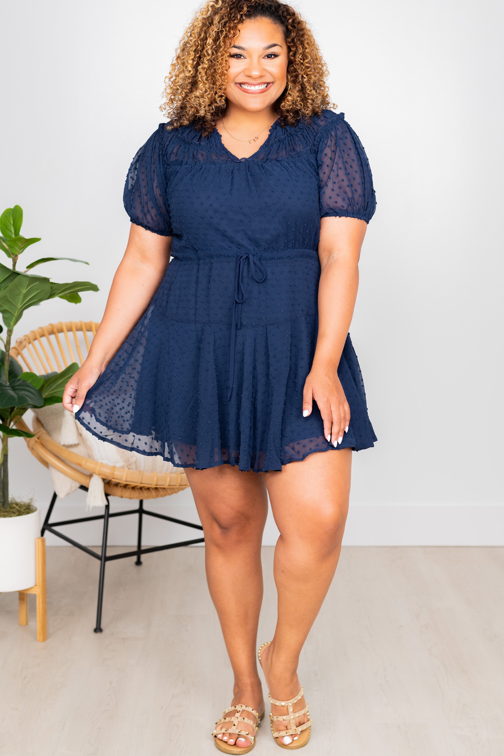 Enchanting Navy Blue Swiss Dot Dress - Be With You!