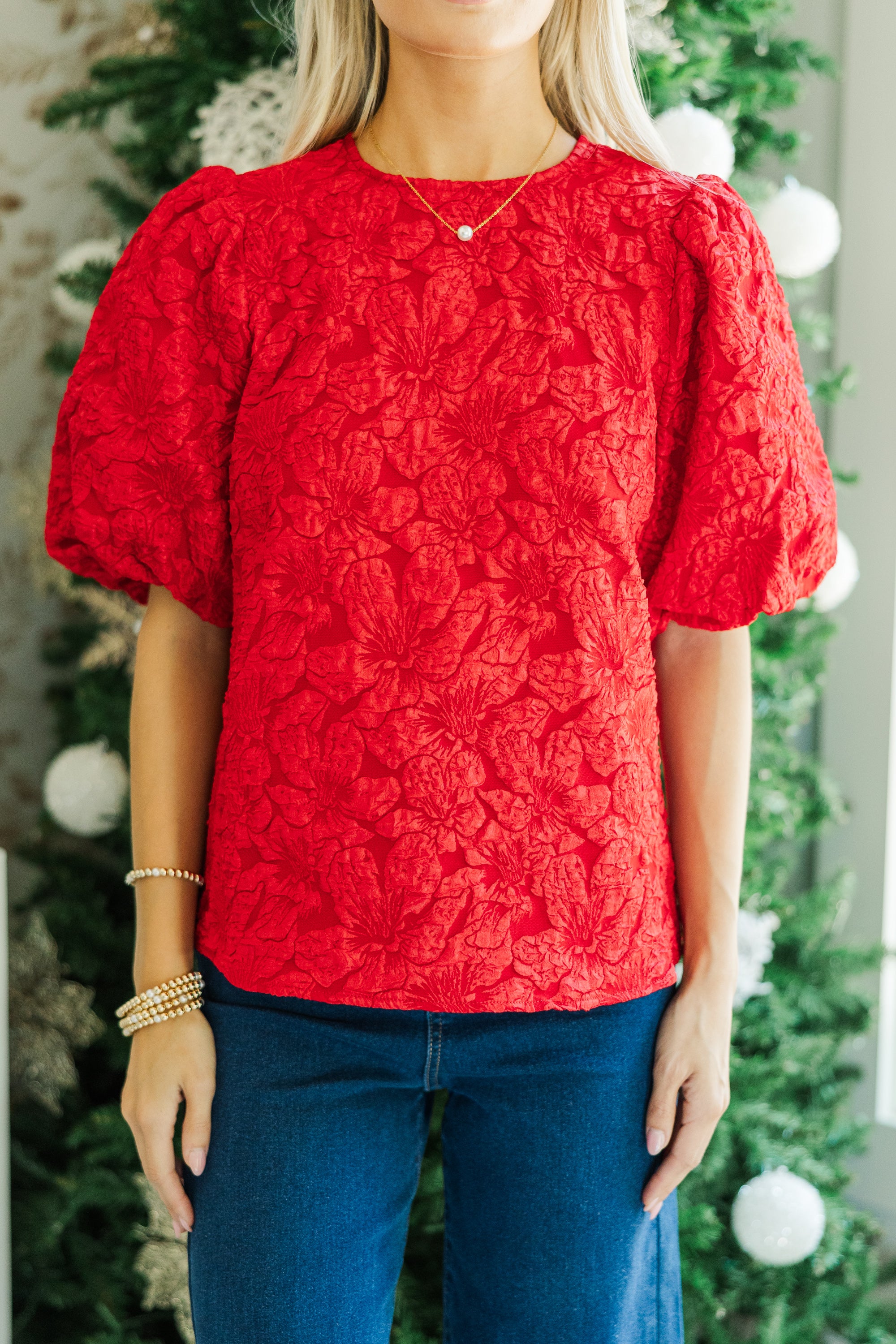 All Is Bright Red Festive Jacquard Blouse - A Holiday Must-Have!