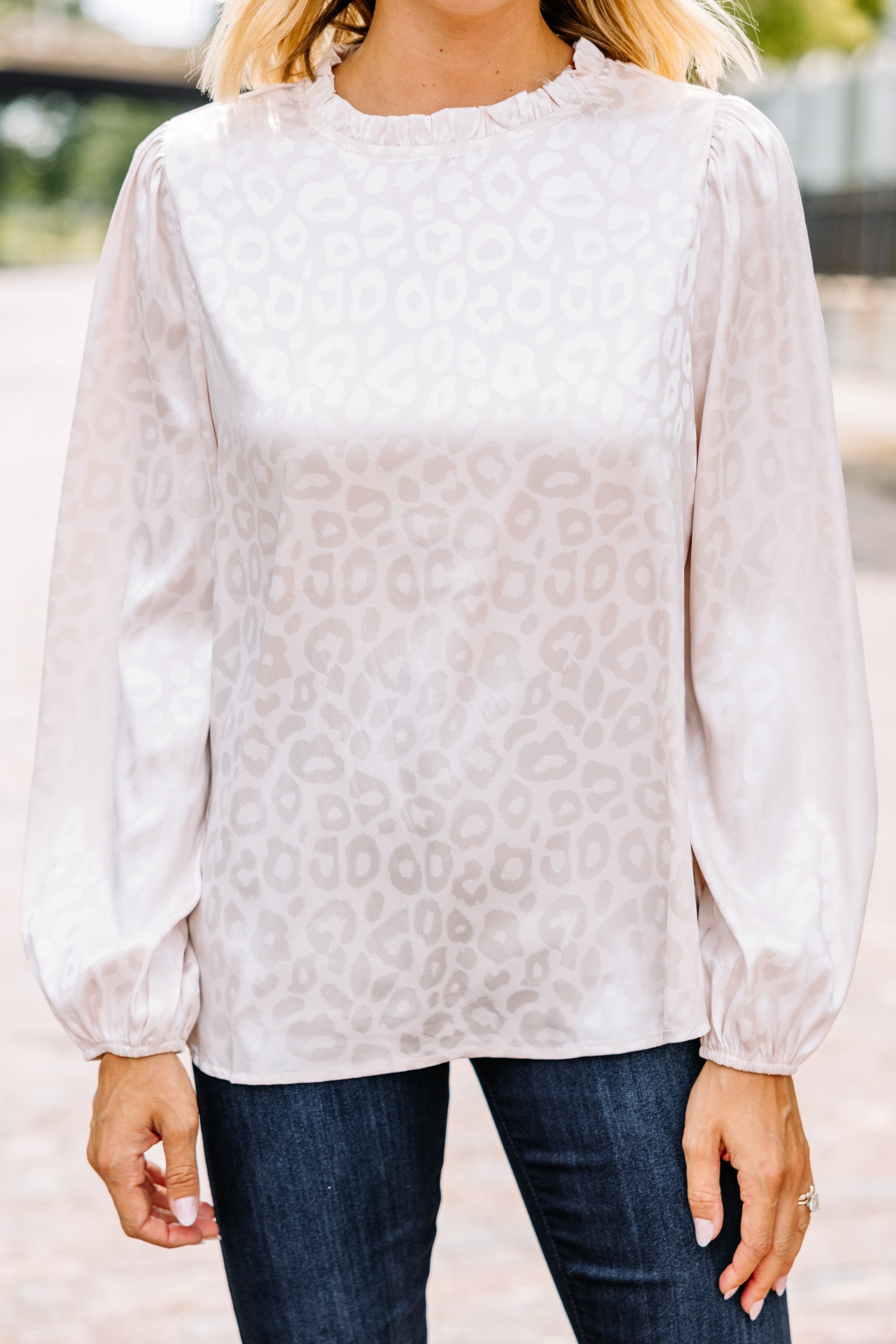 Gorgeous Happy Here Cream White Satin Leopard Print Blouse