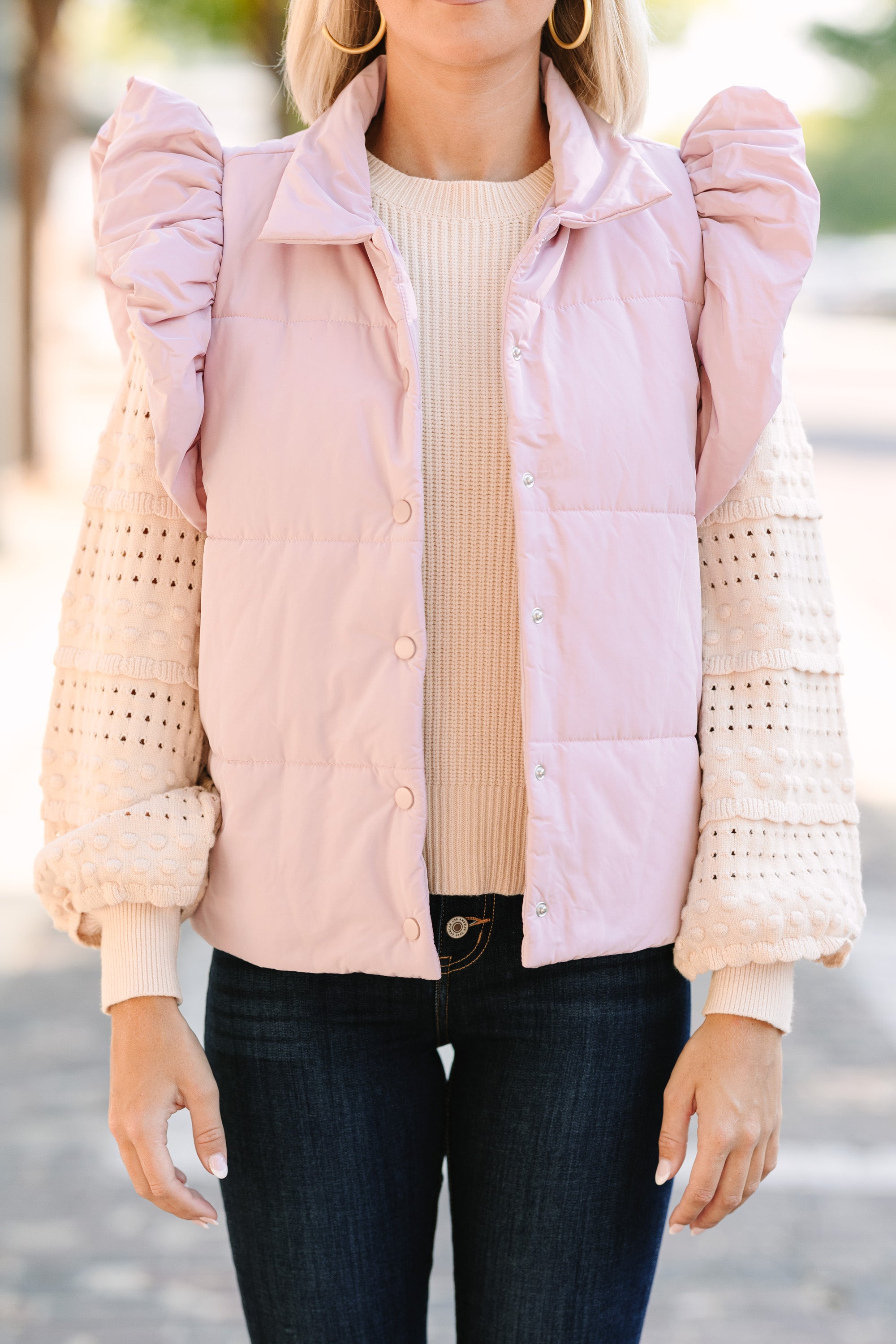 Irresistible Feminine Blush Pink Ruffled Puffer Vest
