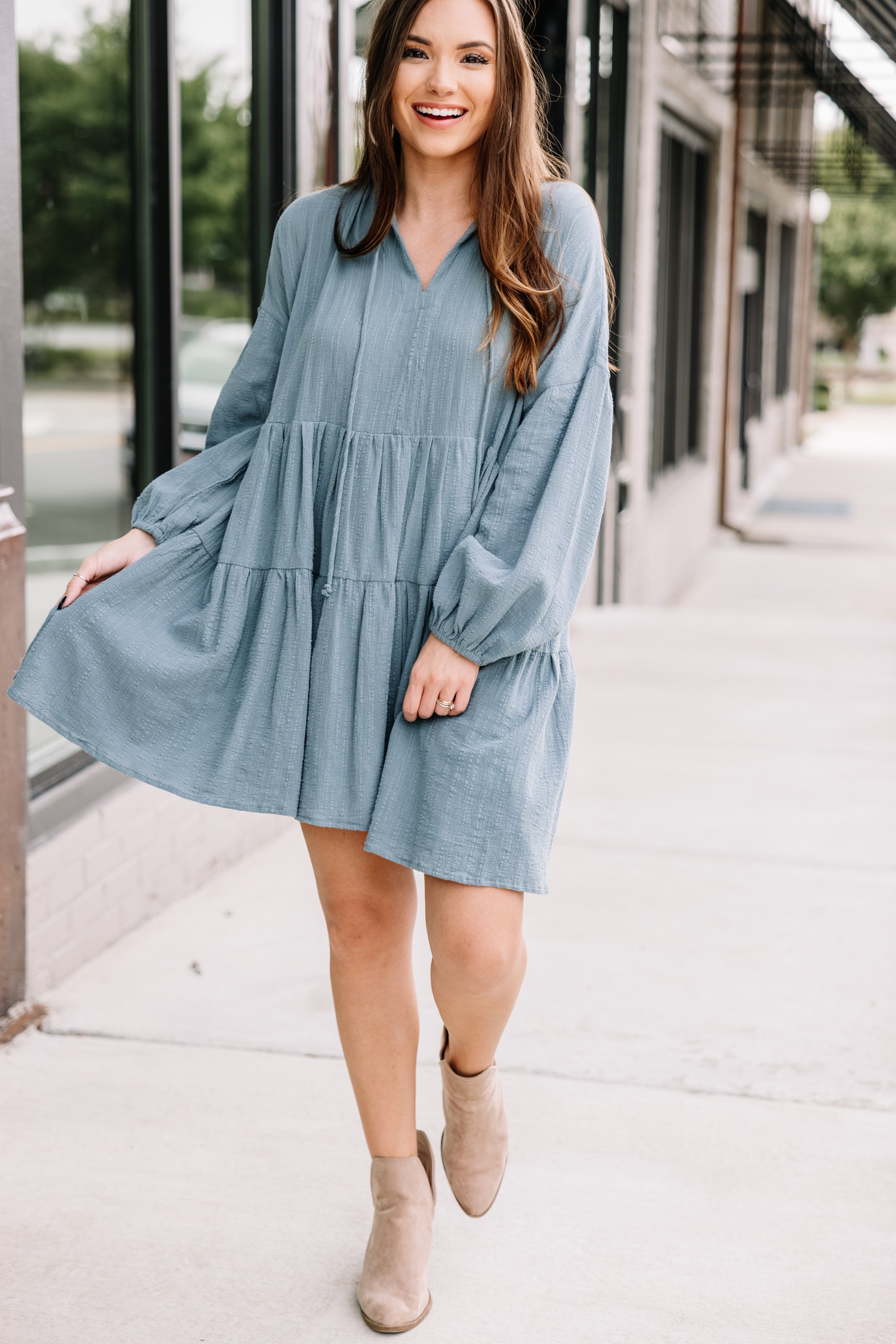 Be There Slate Blue Adorable Babydoll Dress