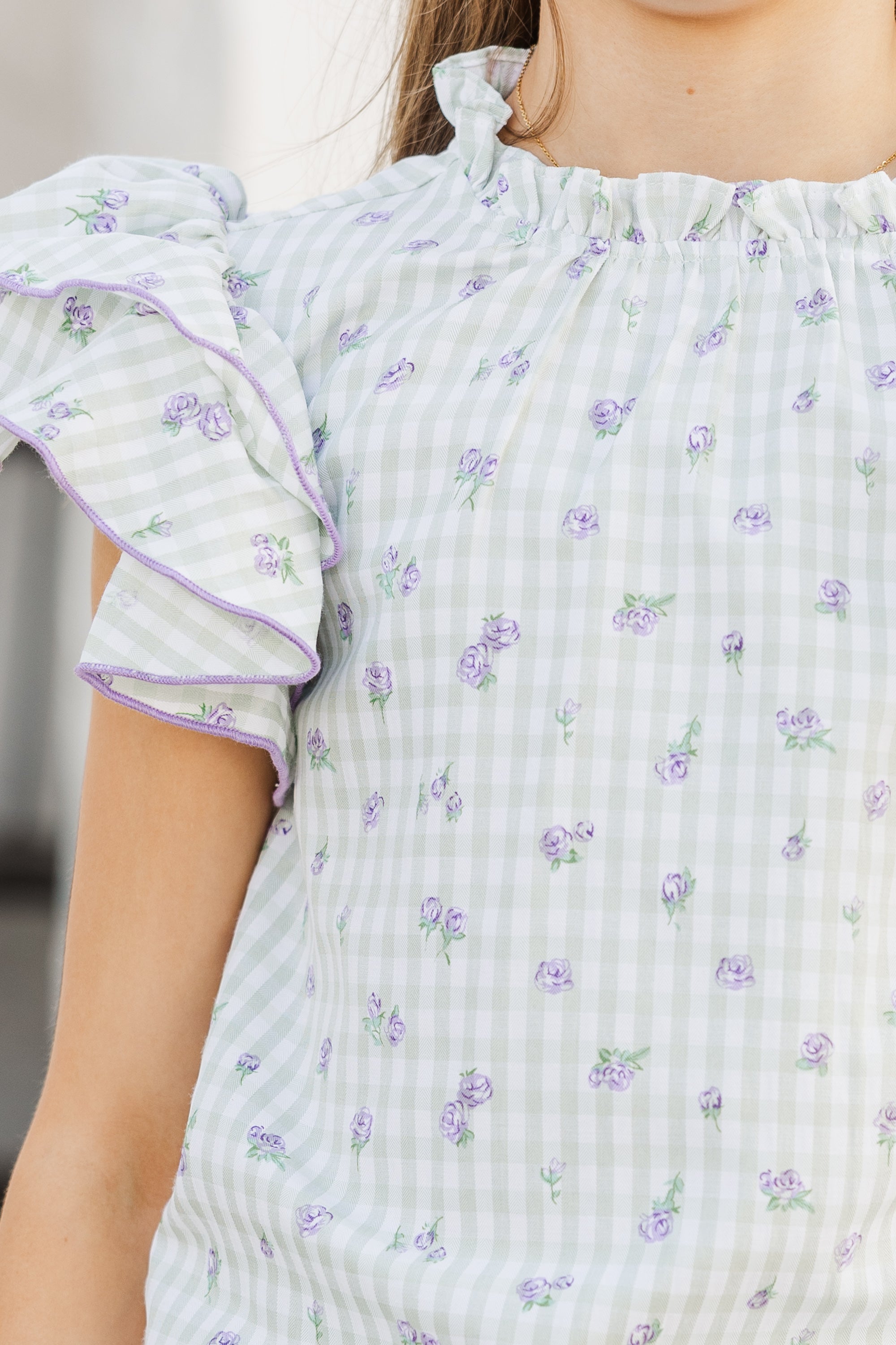 Adorable Girls' Sage Gingham Heart - Inspired Blouse
