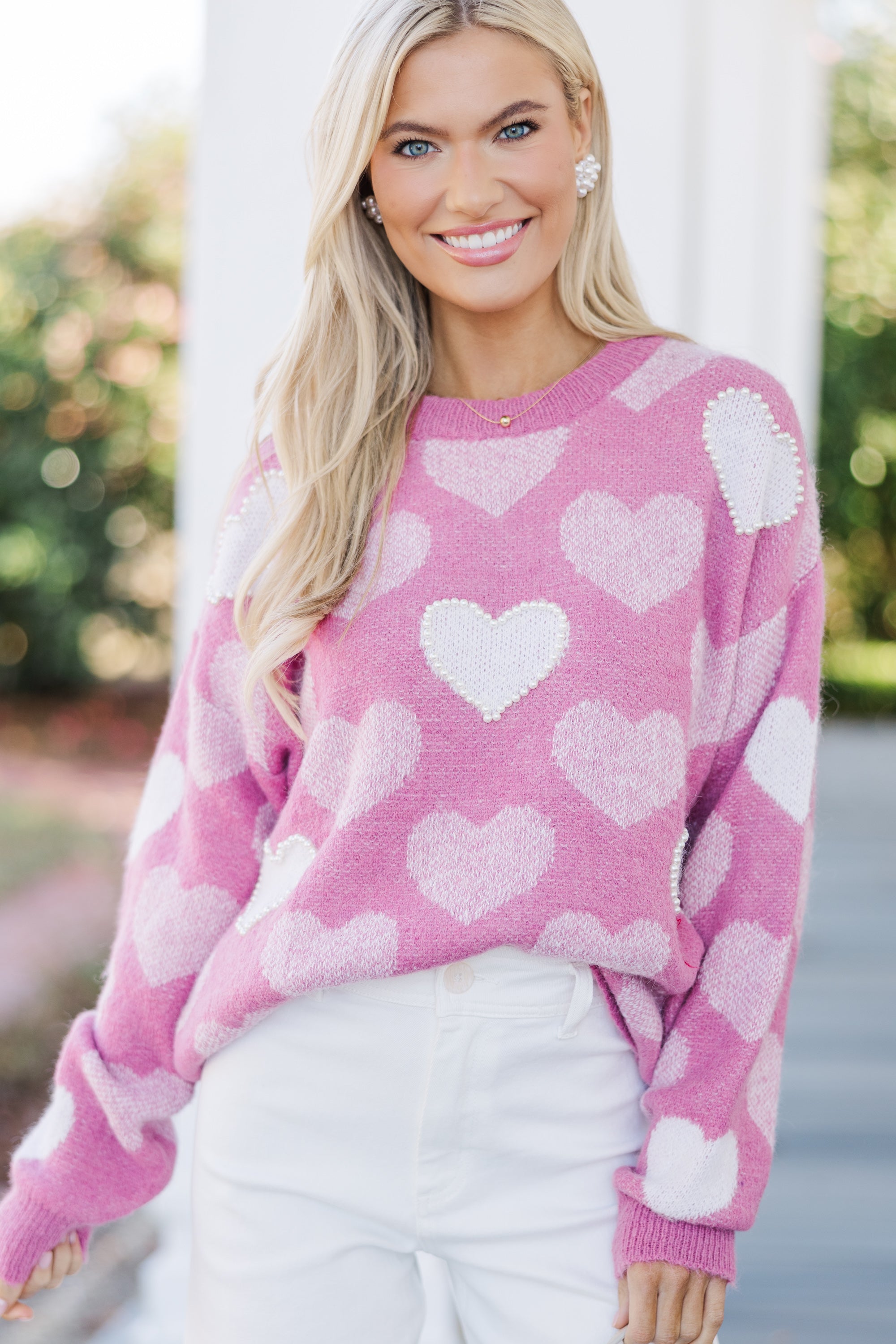 Love - Filled Pink Heart Pearl - Adorned Sweater