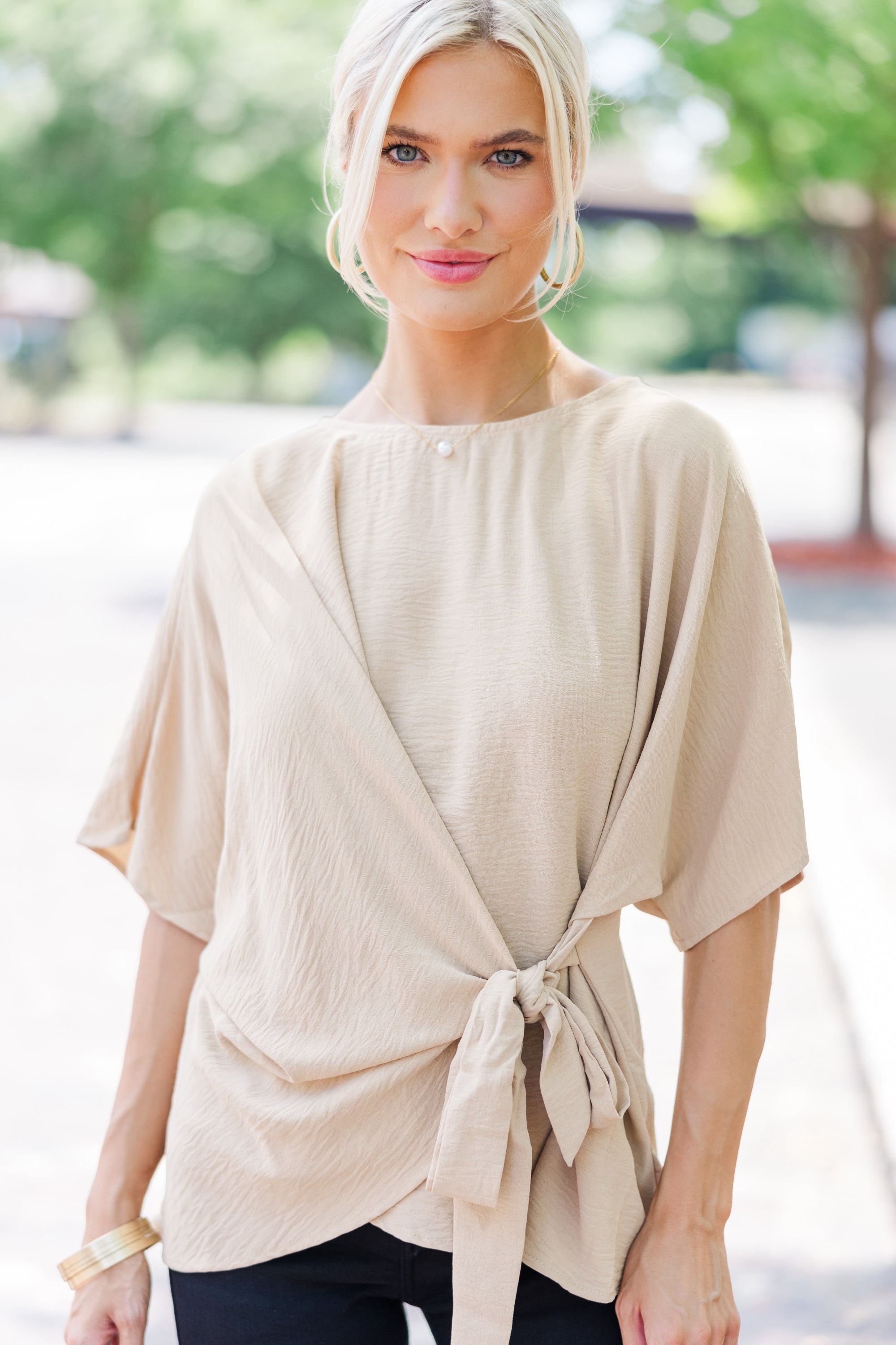 Enchanting Taupe Brown Tied Blouse for Happy Moments