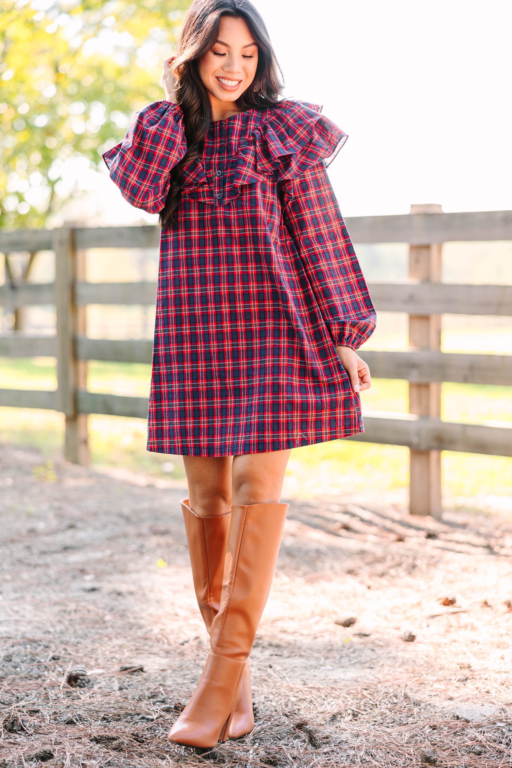 Charming Navy Blue Plaid Shift Dress for Festive Fun