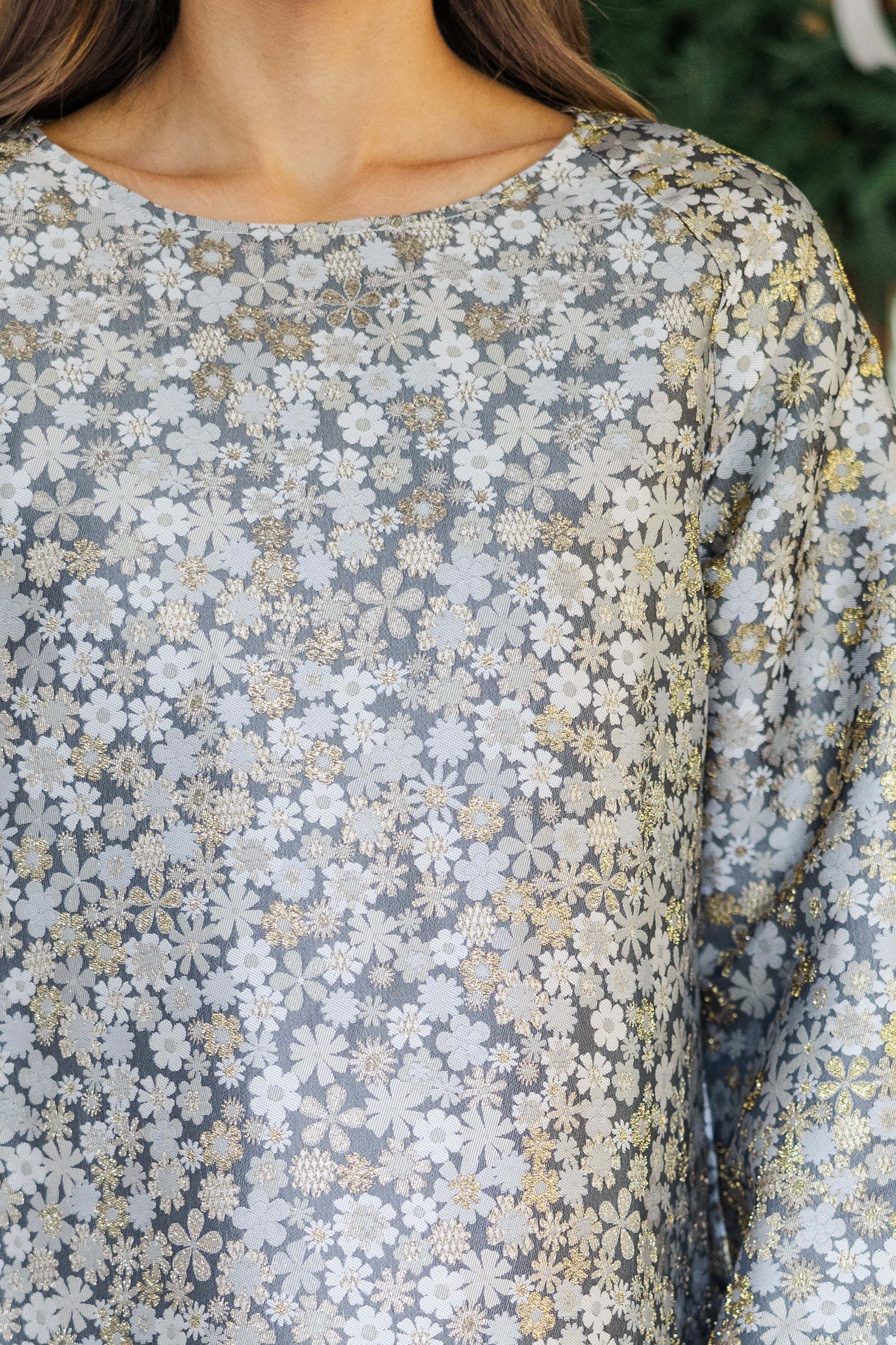 Alluring All-In-One Gray Floral Brocade Dress
