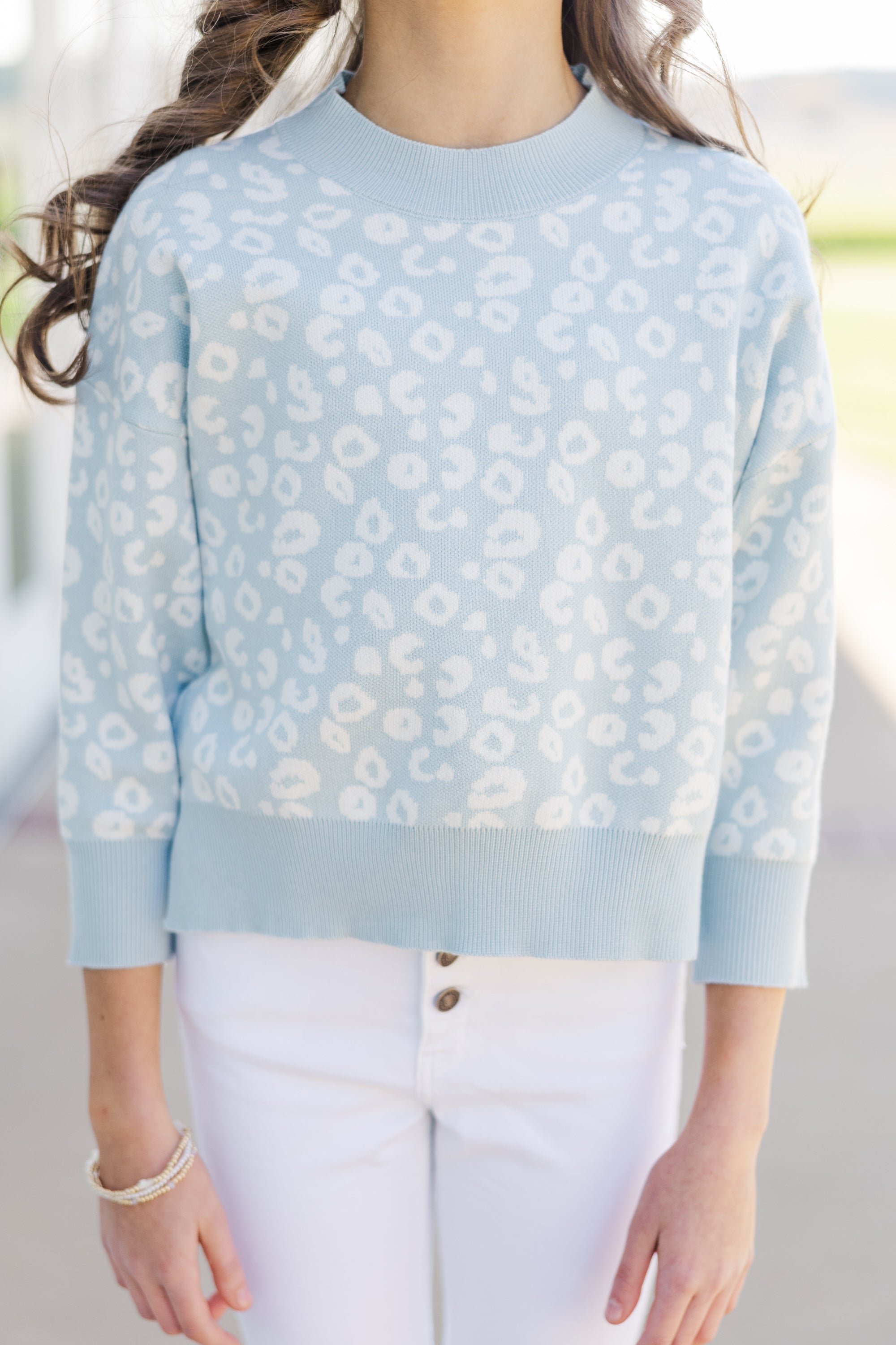 Girls' Irresistible Light Blue Leopard Sweater