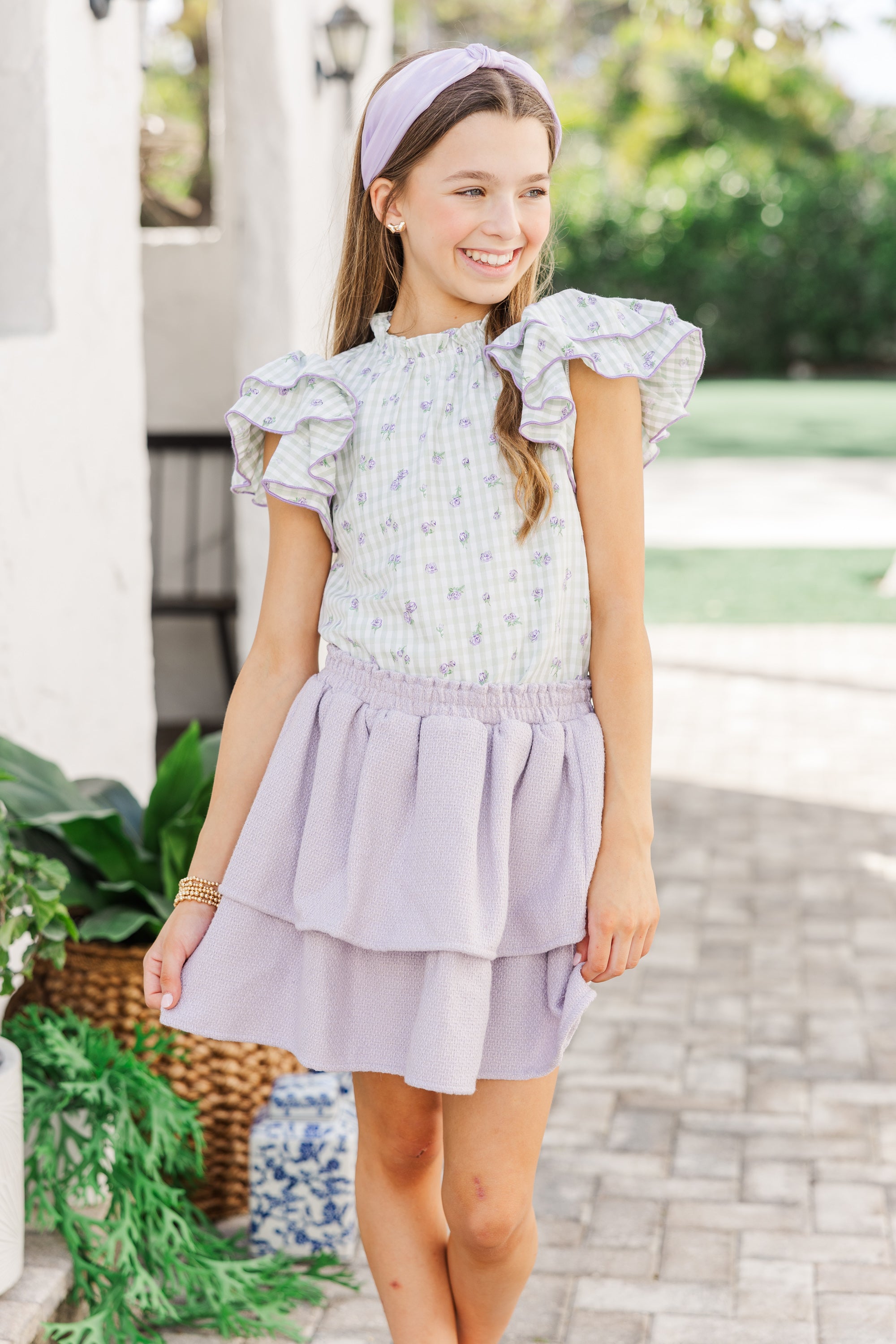 Adorable Girls' Sage Gingham Heart - Inspired Blouse