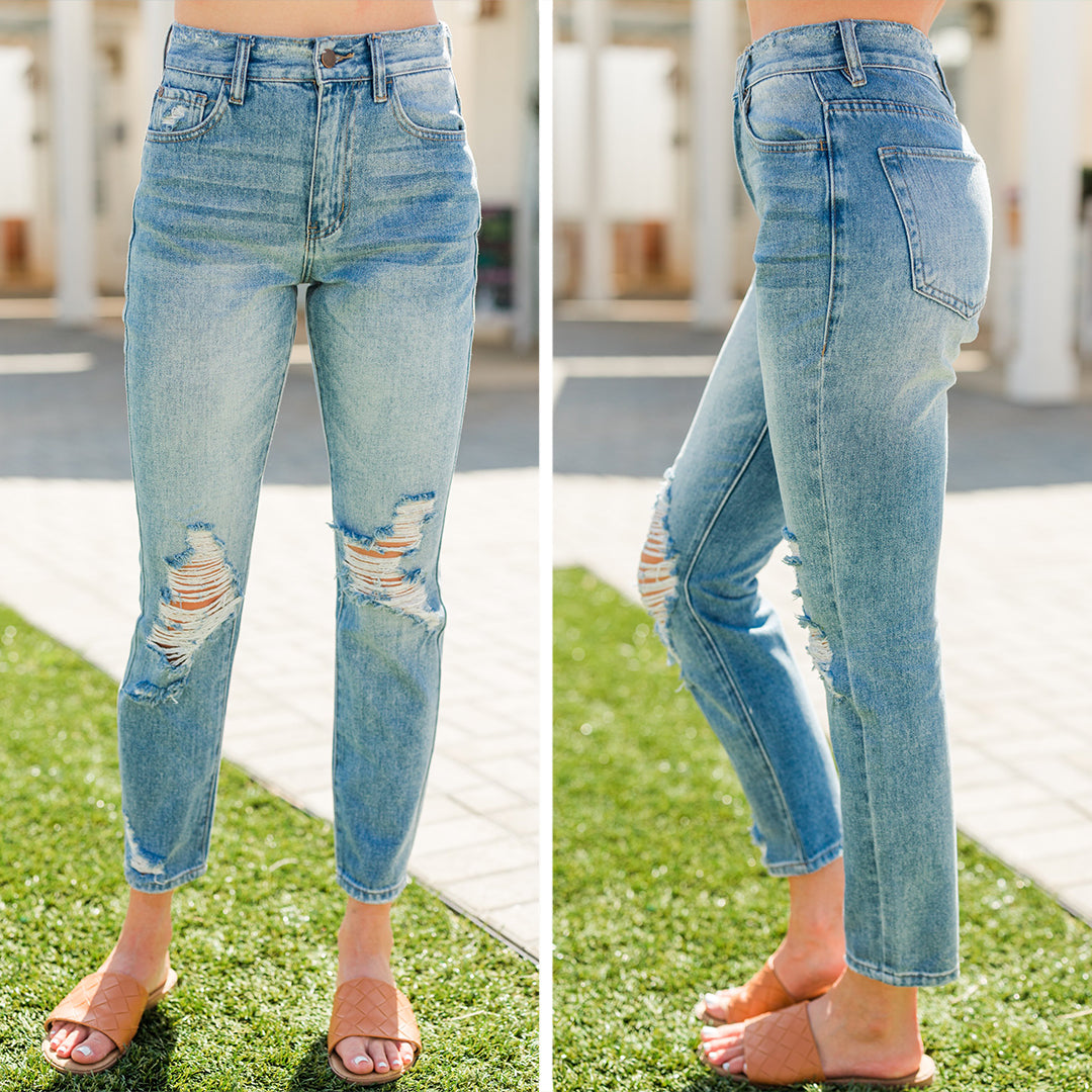 Be There For You Trendy Medium Wash Distressed Jeans