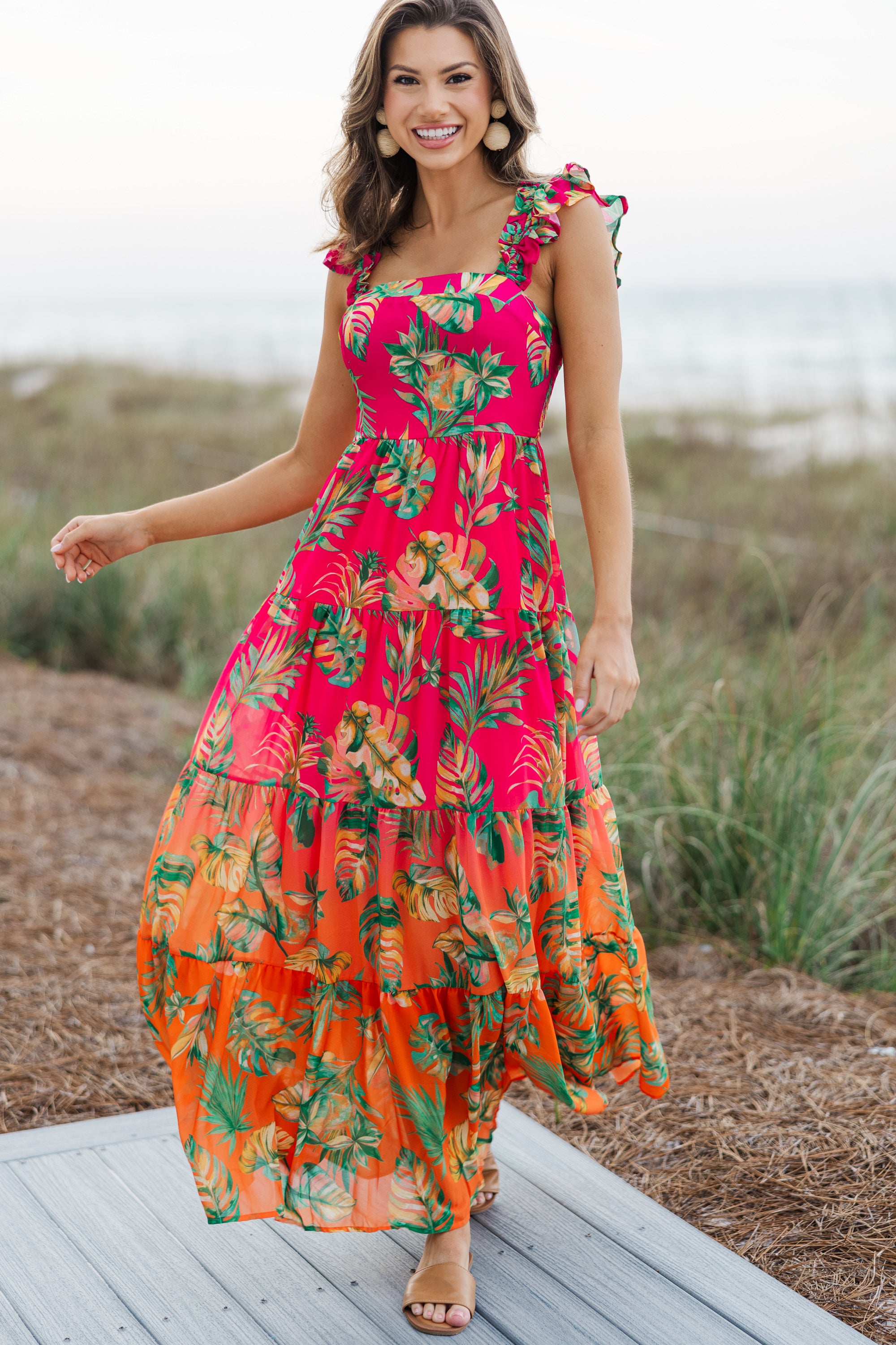 Stunning Fuchsia Pink Tropical Maxi Dress - Enjoy the Summer Views!