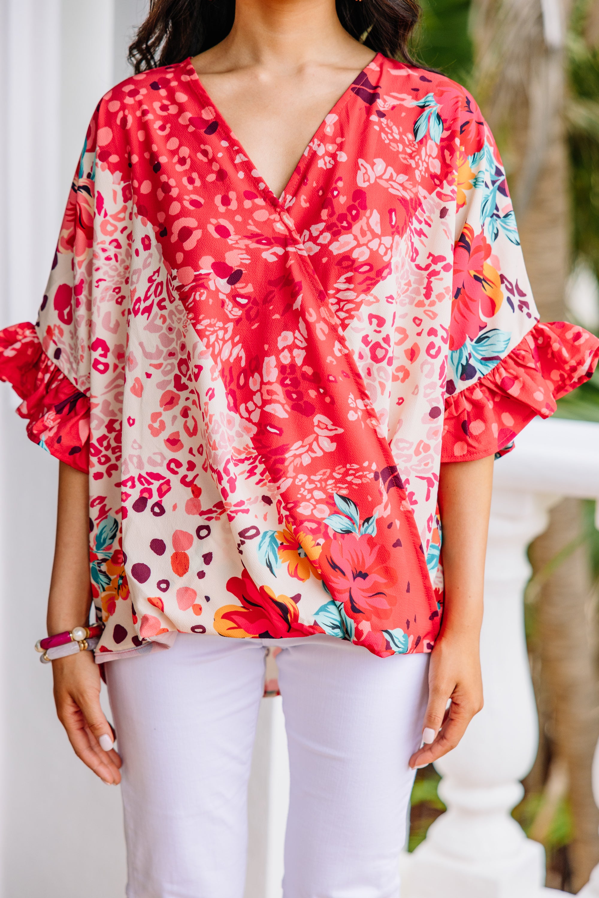 Be So Bold: Stunning Coral Red Mixed Print Top