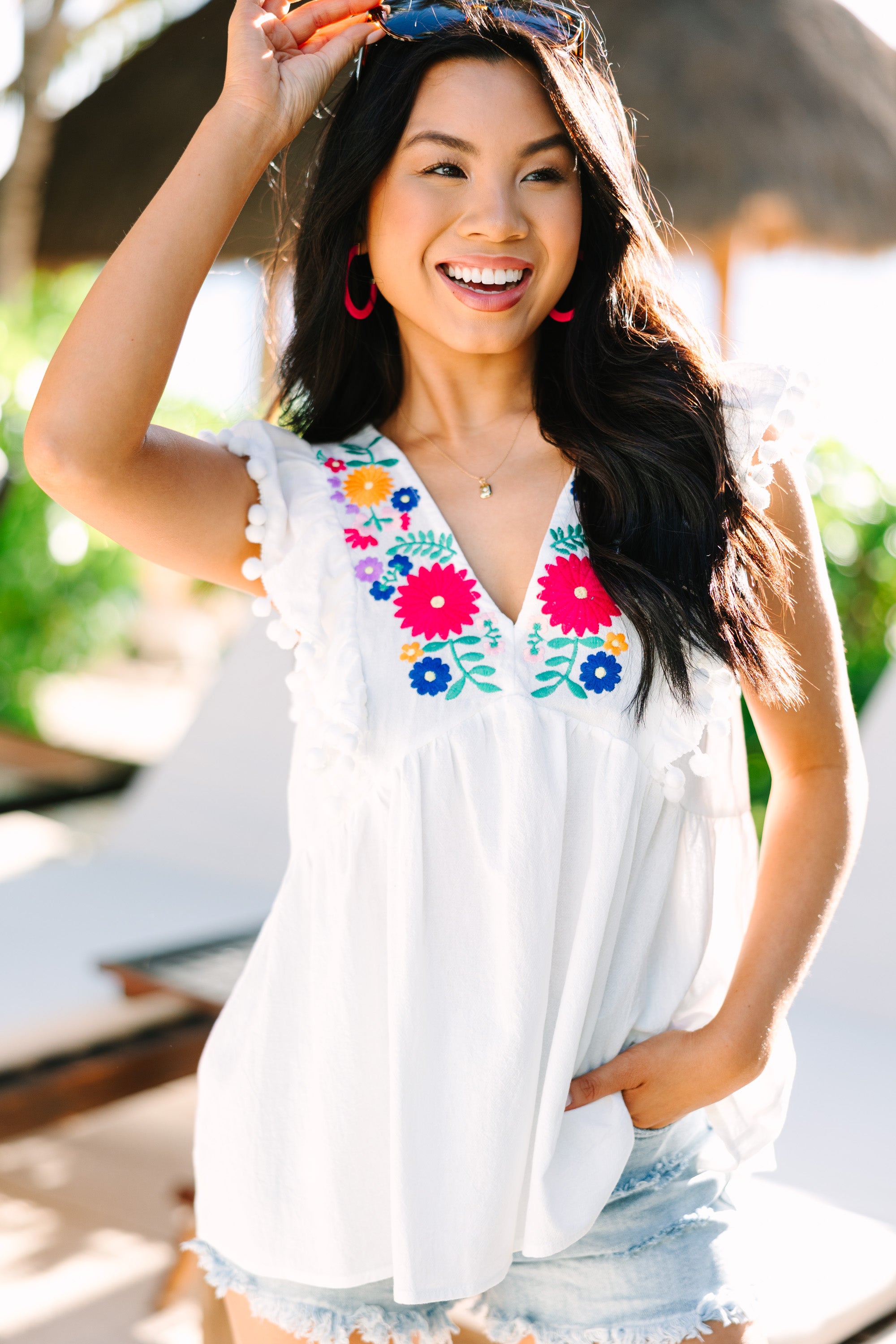 Joyful White Embroidered Babydoll Blouse - Spread Happiness!