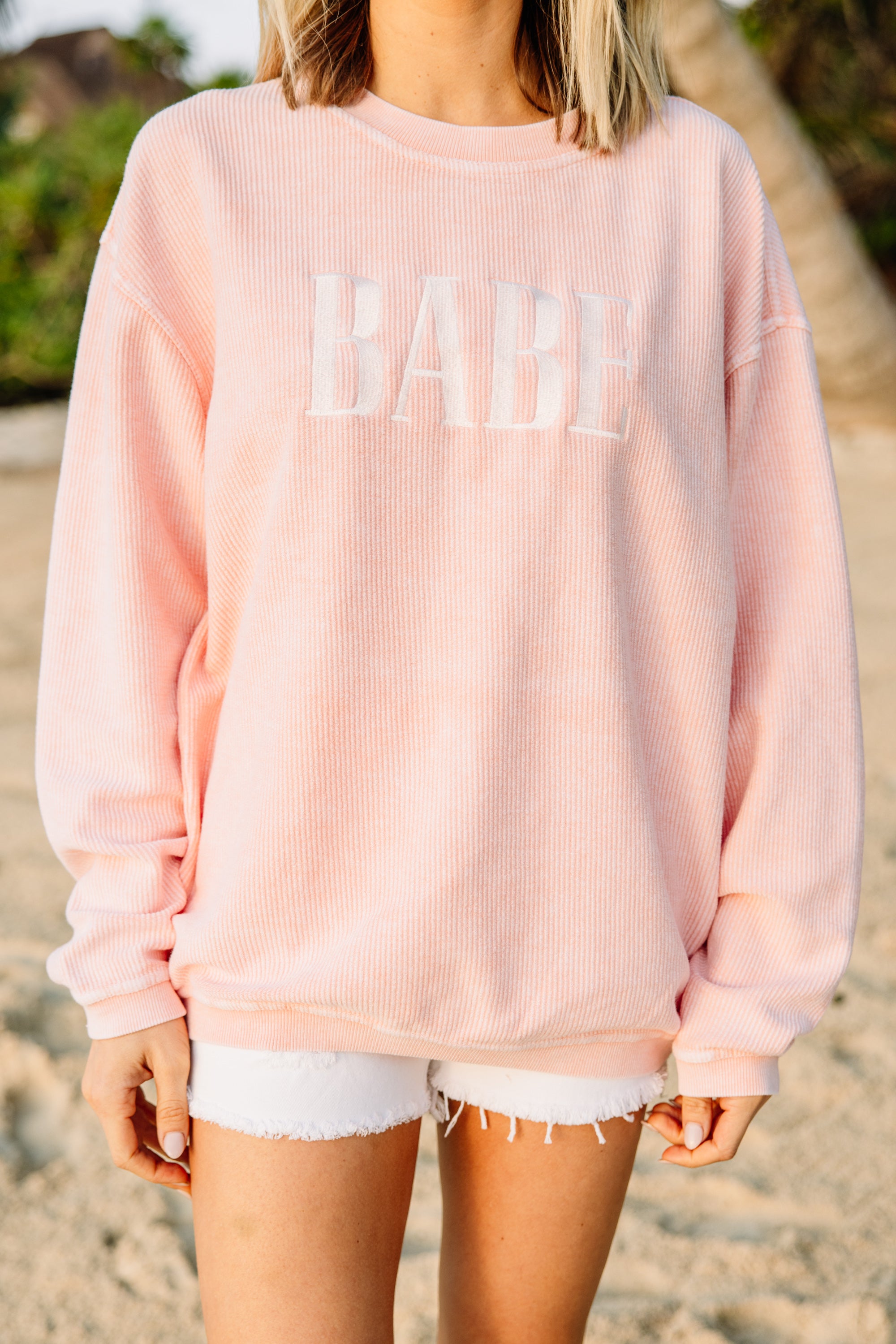 Gorgeous Babe Blush Pink Corded Embroidered Sweatshirt - Perfect for Babe to Bride