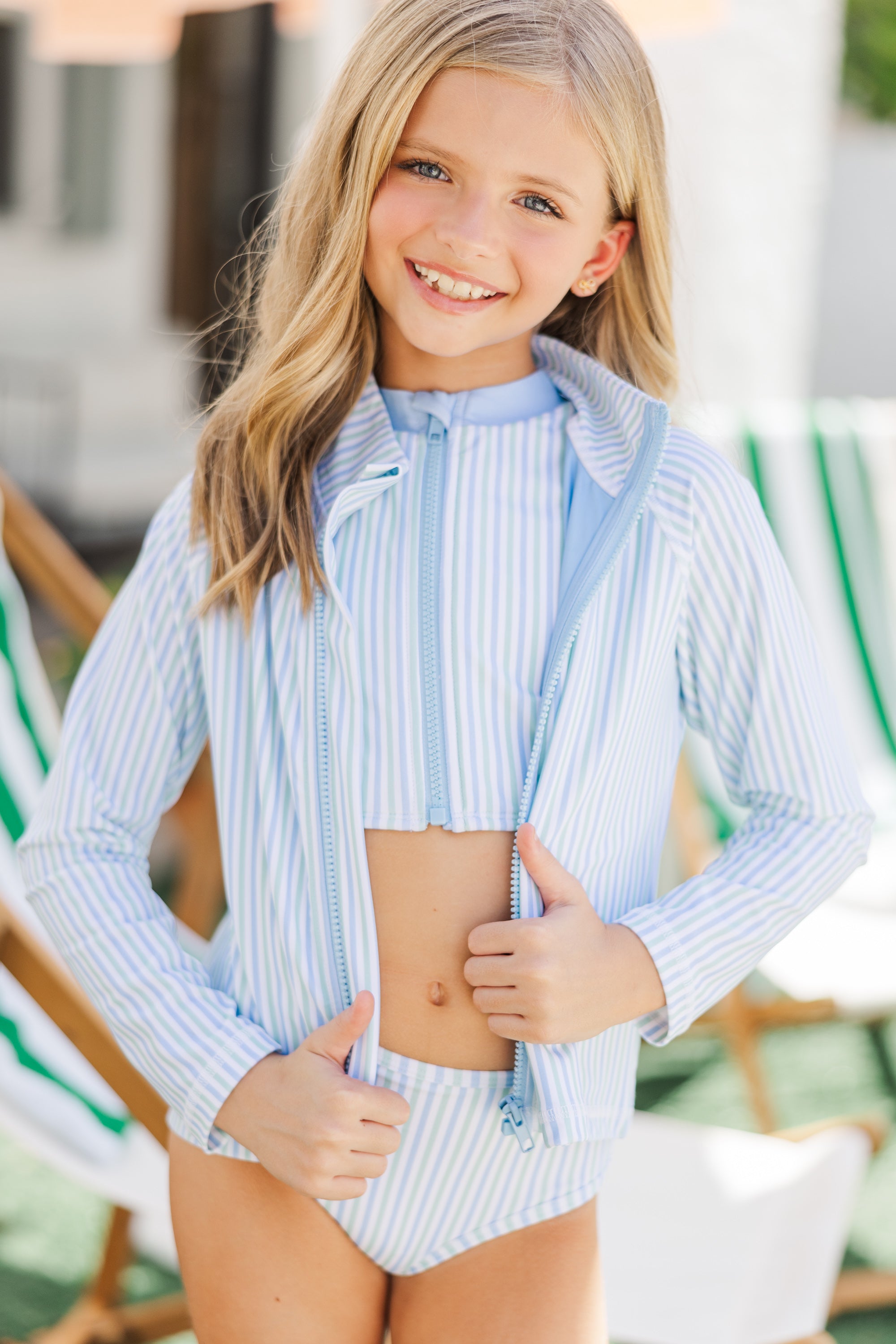 GIRLS: PREORDER NOW! The Carissa Mint Striped Full Zip Rashguard - Stylish Sun Protection