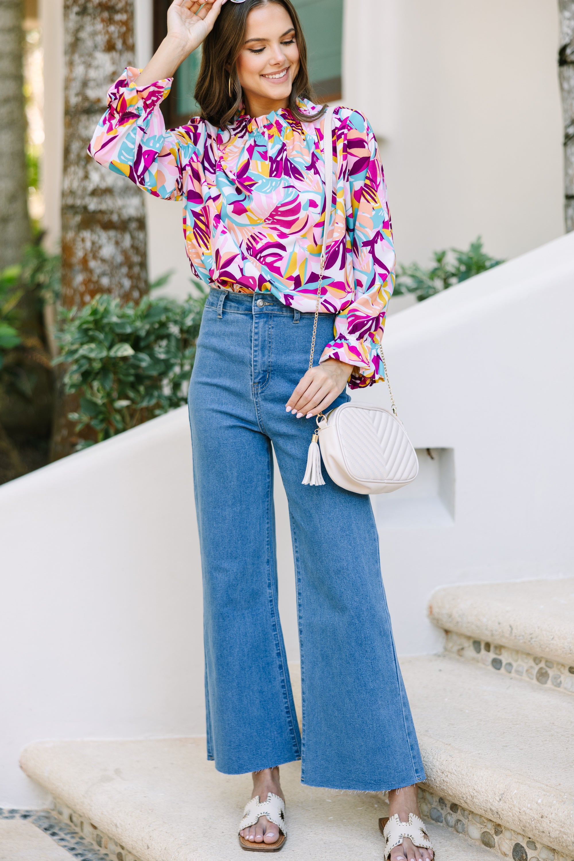 Unleash Your True Self with Fuchsia Pink Tropical Floral Blouse