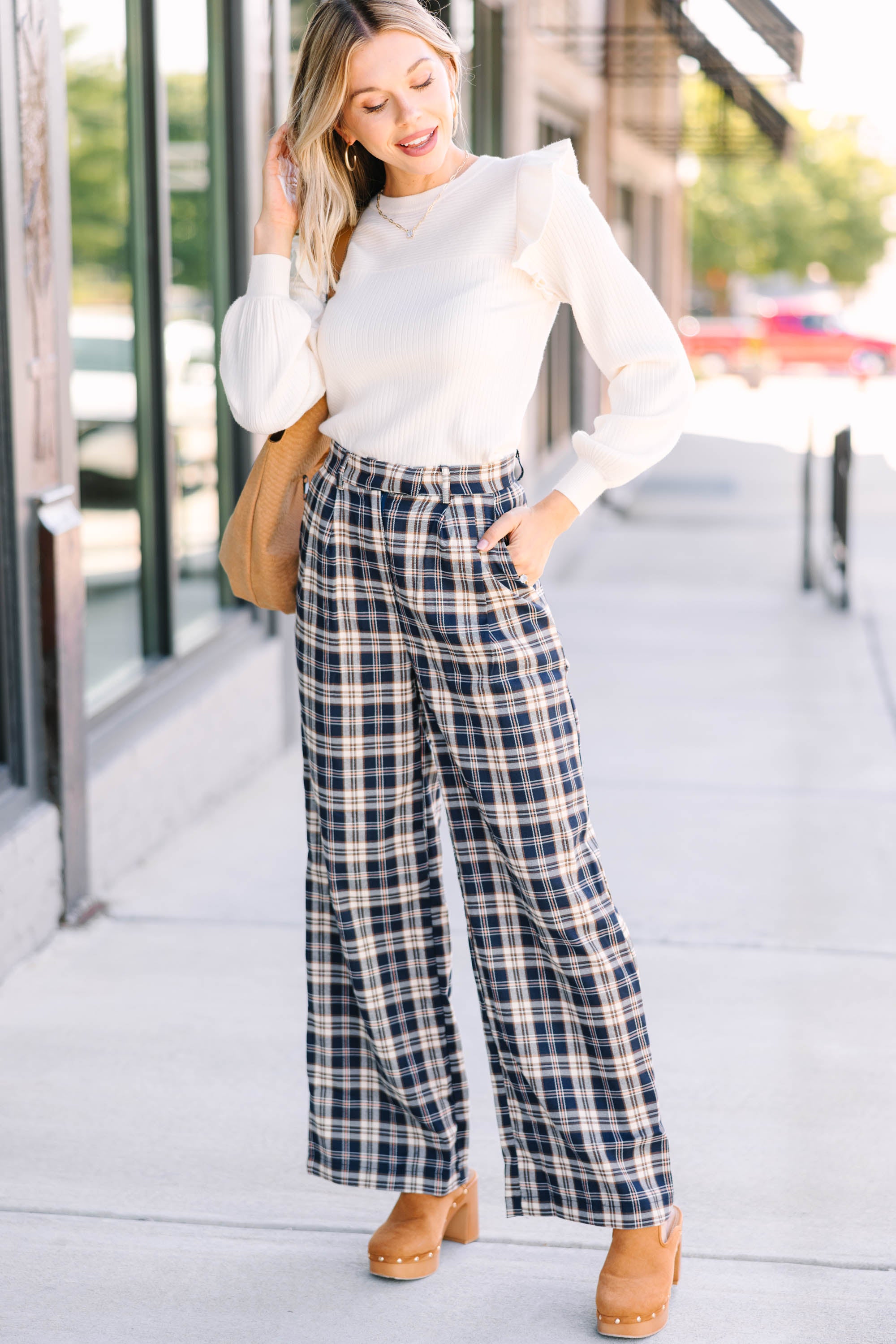Be Direct Navy Blue Plaid Wide Leg Pants - A Chic Fall Essential