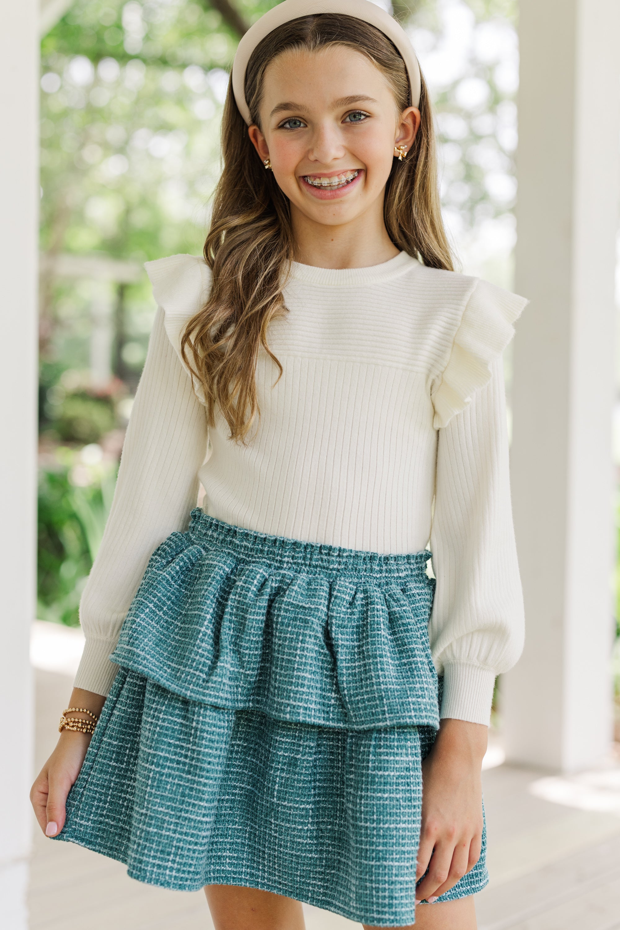 Girls' Irresistible Ivory White Ruffled Sweater