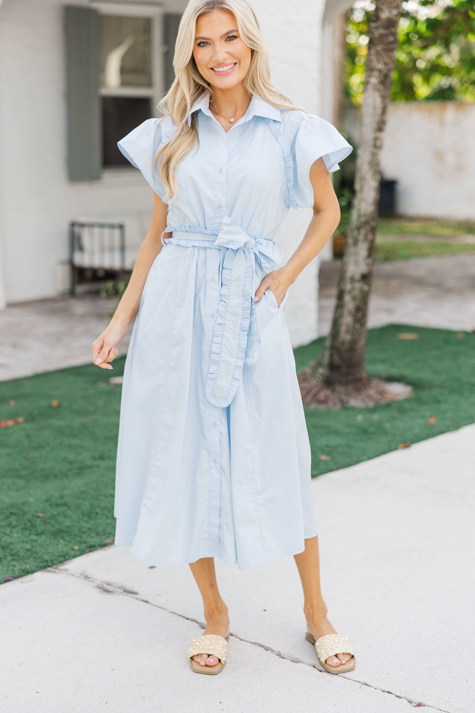 Enchanting All In A Dream Light Blue Ruffled Midi Dress