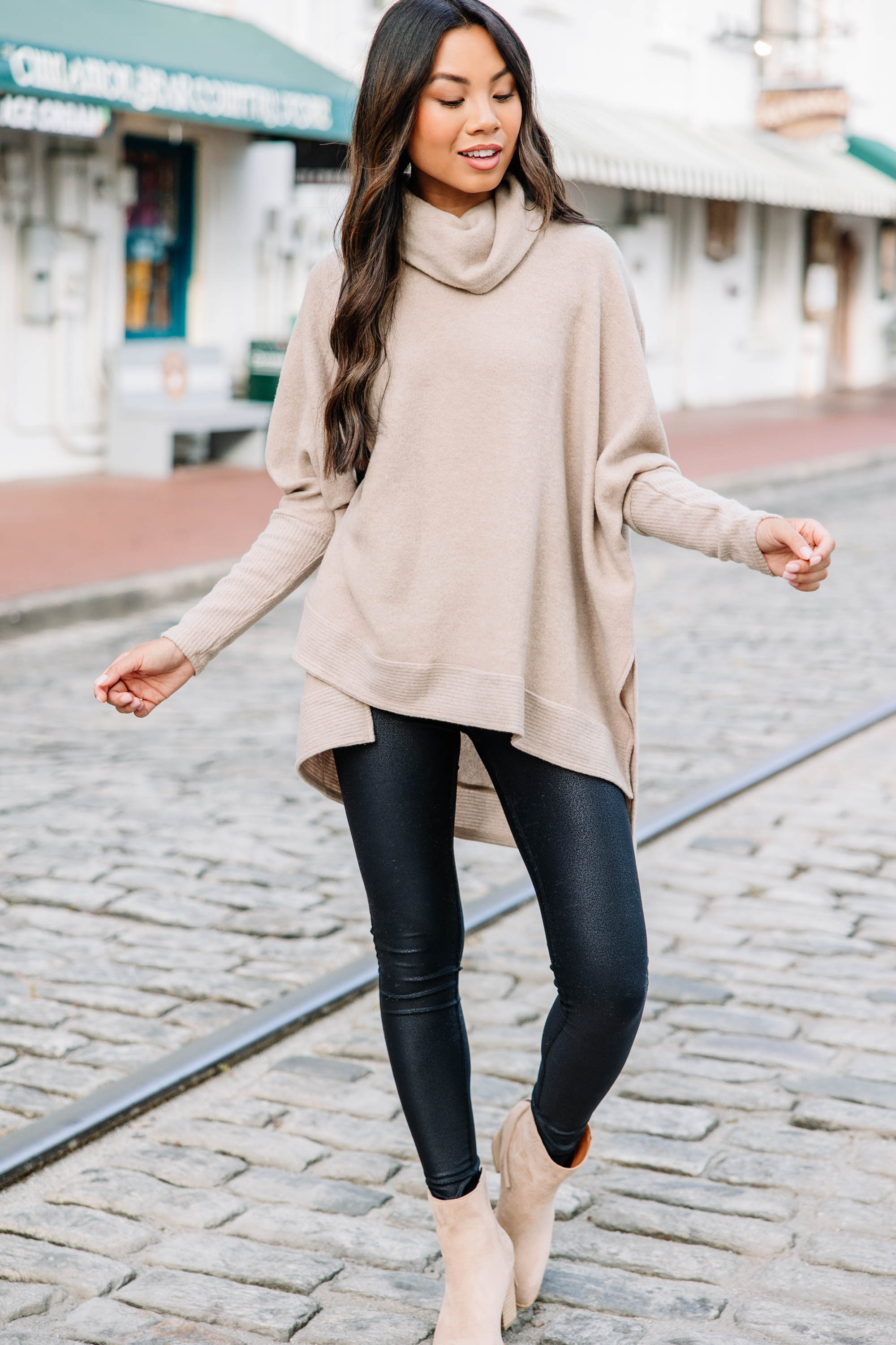 Charming Oatmeal Brown Cowl Neck Sweater for a Chipper Feeling