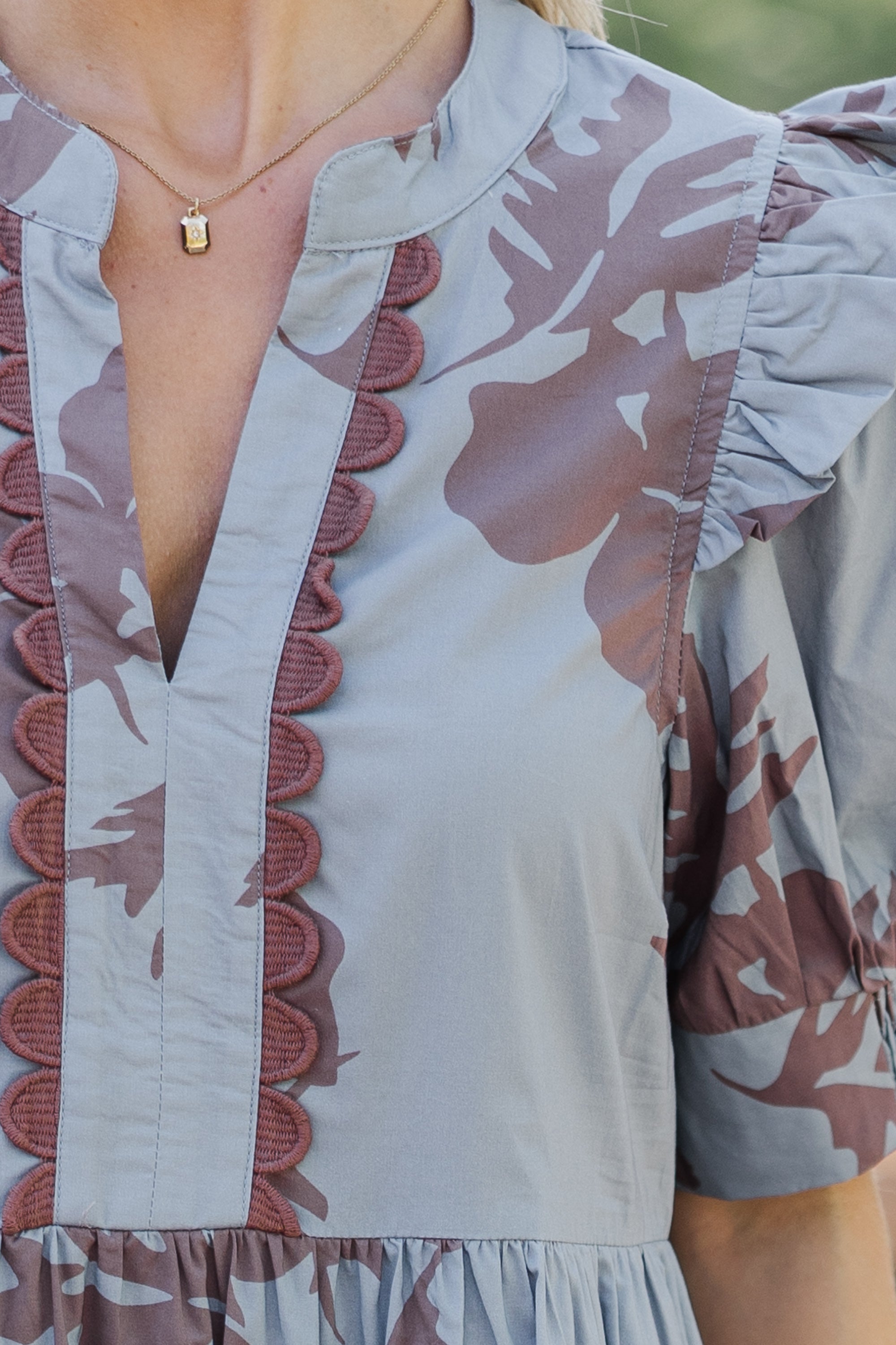 Enchanting Slate Blue Floral Midi Dress: Fall's Allure