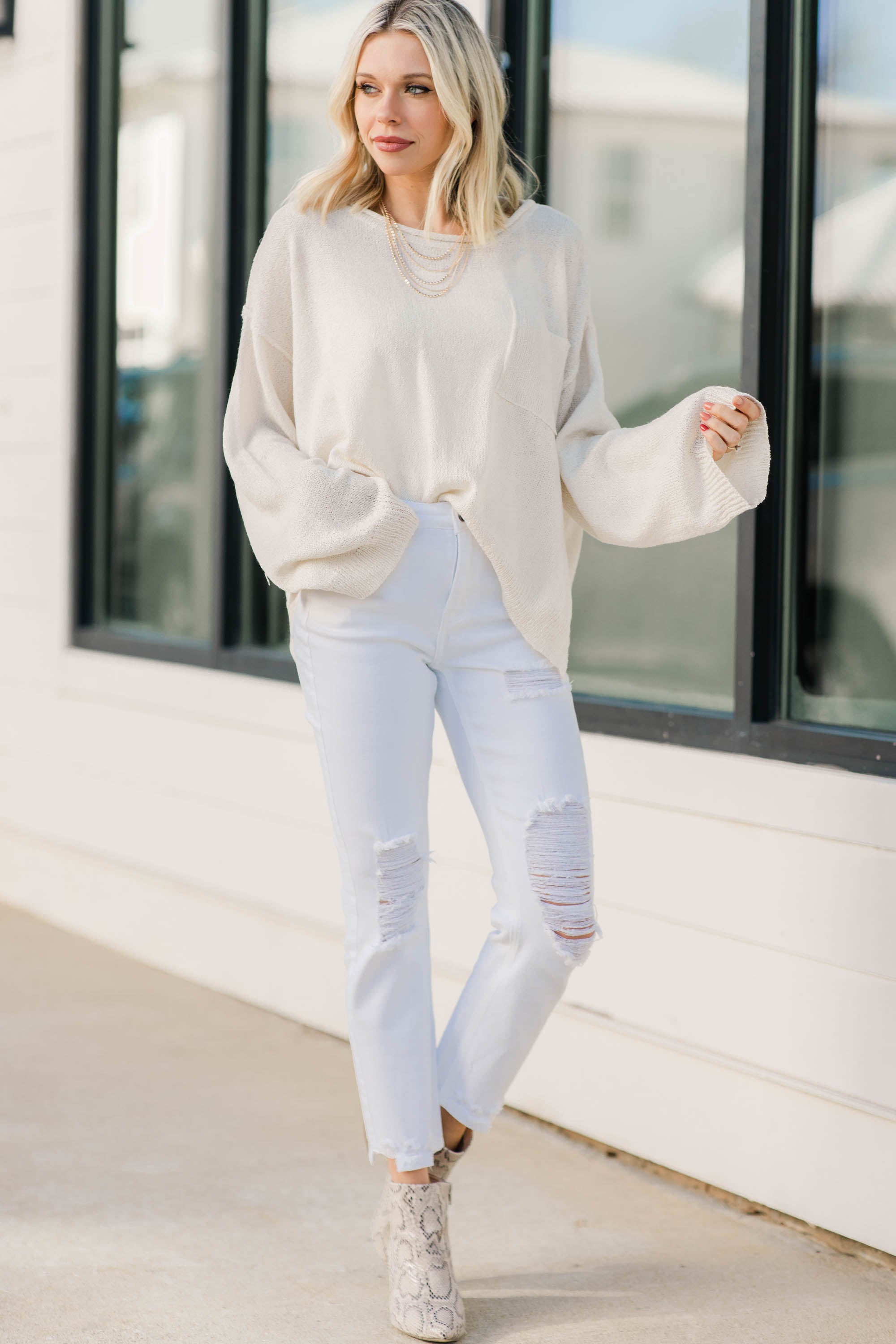 Charming Ivory White Bell Sleeve Truth-Facing Sweater