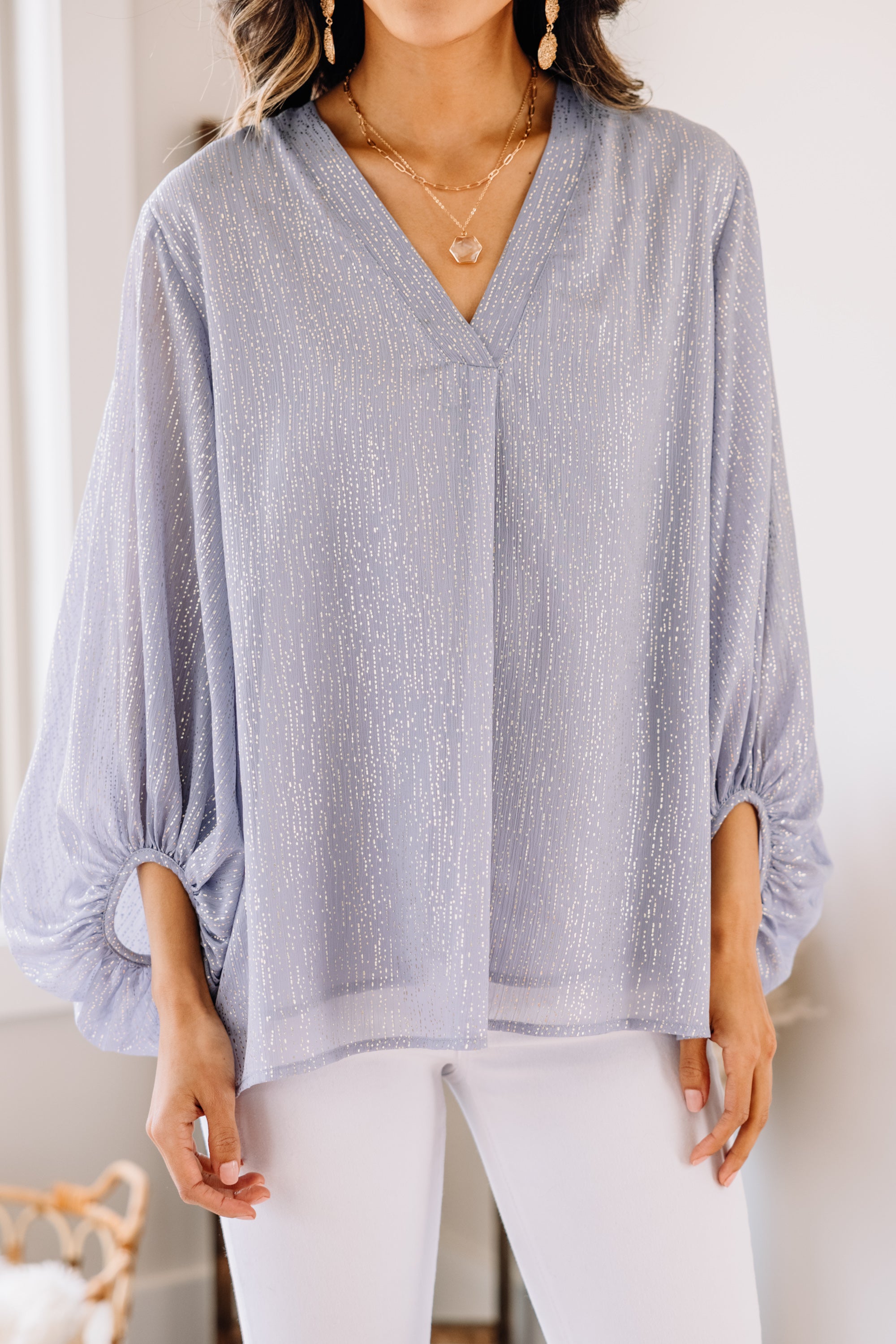 Confidence-Boosting Misty Blue Bubble Sleeve Blouse
