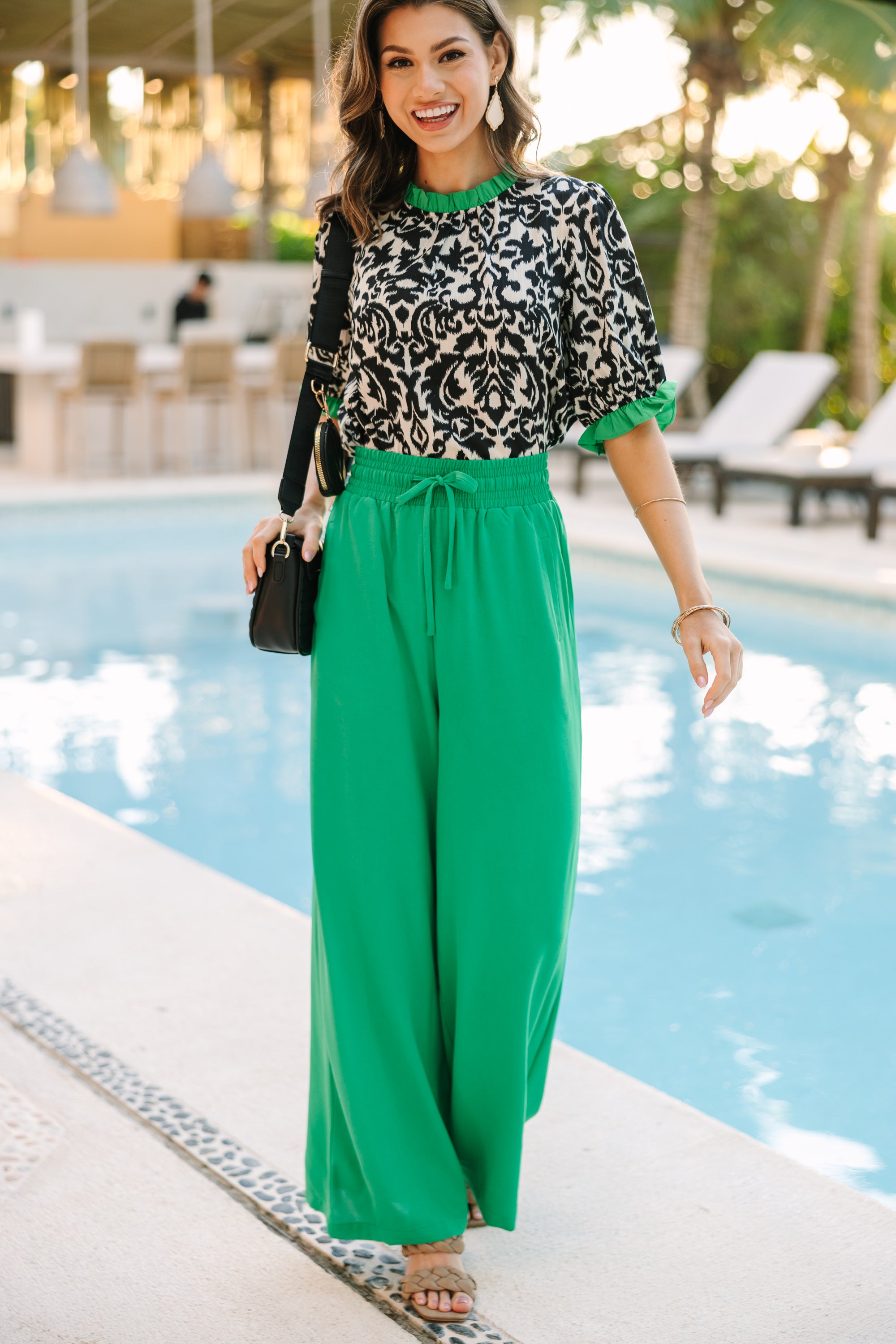 Alluring All-In Black & Kelly Green Damask Ruffled Blouse
