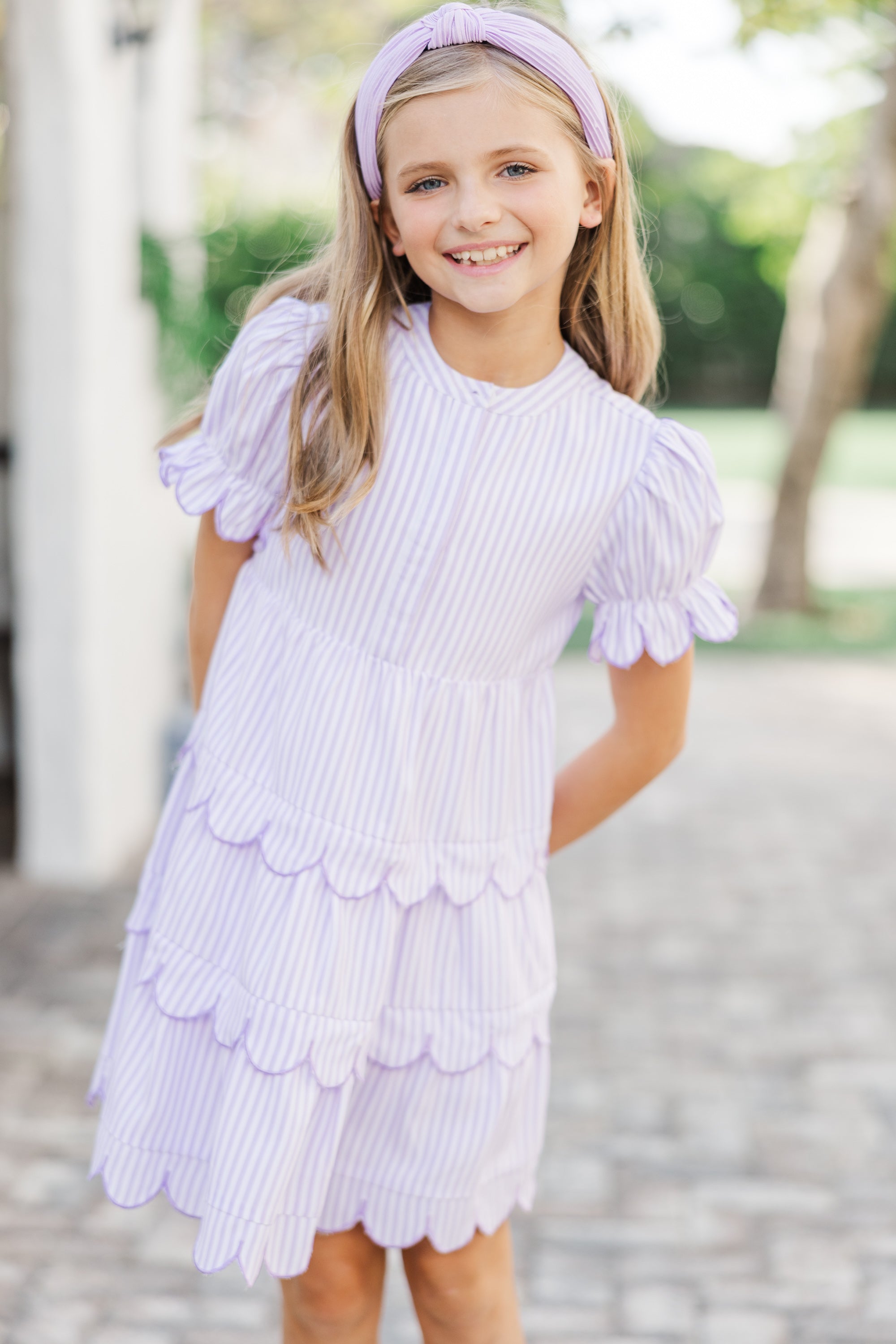 Girls' Enchanting Lavender Striped Dress: A Perfect Match!