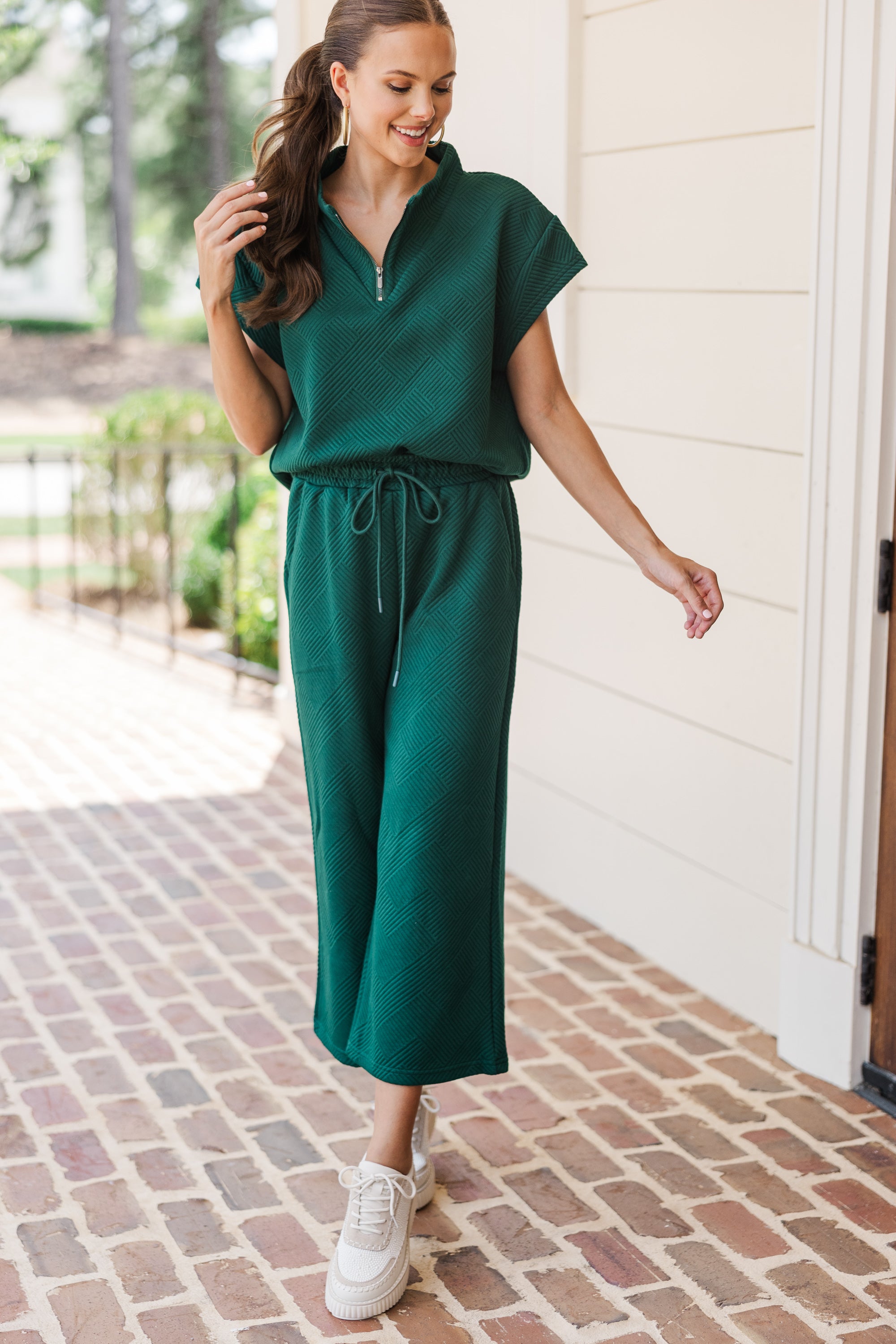 Love-Filled Forest Green Textured Athleisure Top