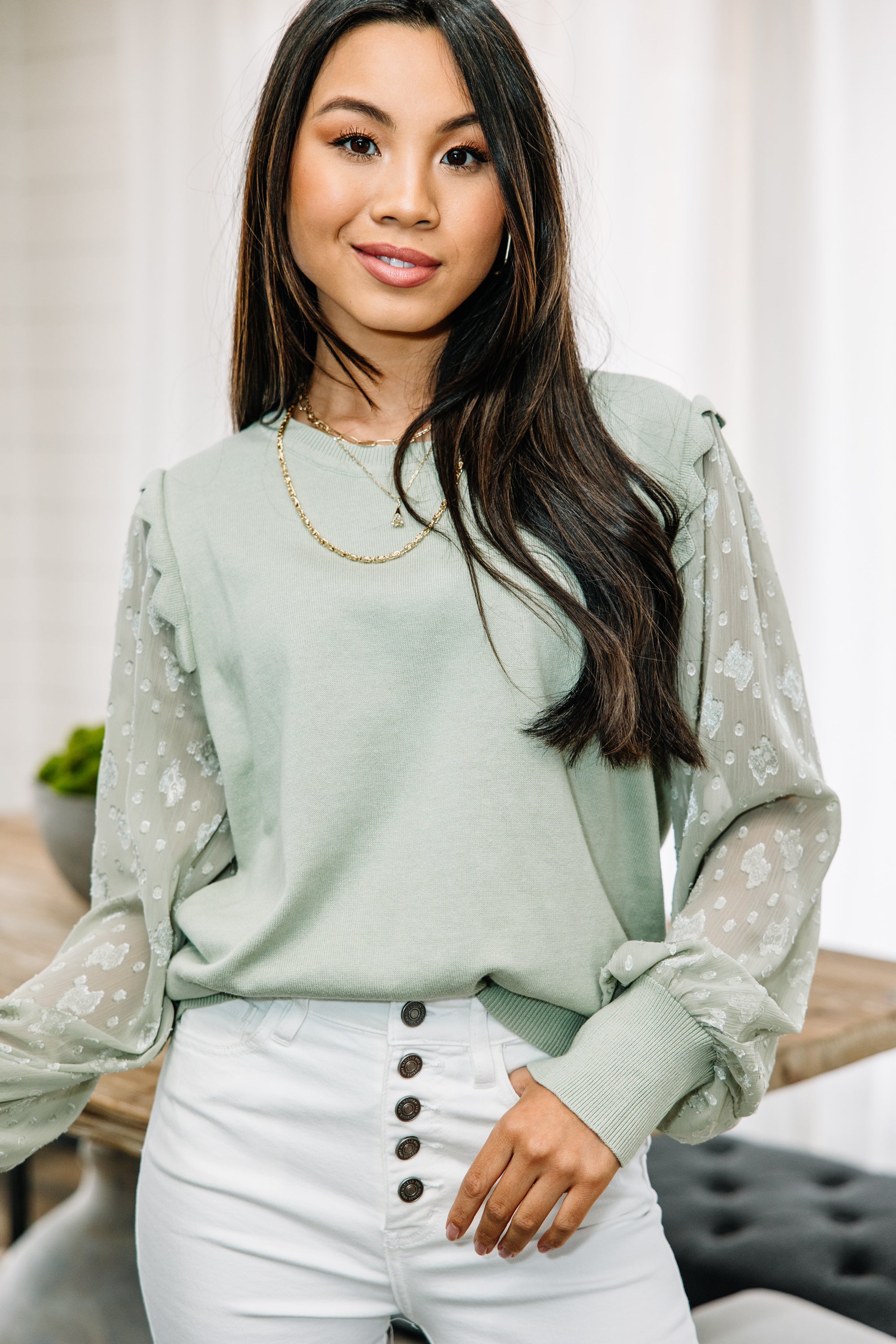 Enchanting Happy Heart Sage Green Lace Sleeve Sweater