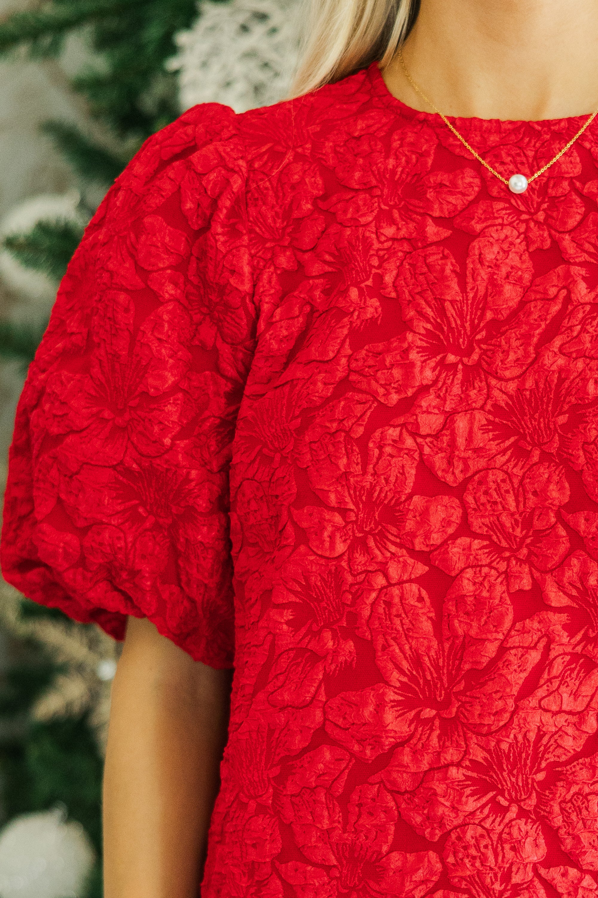 All Is Bright Red Festive Jacquard Blouse - A Holiday Must-Have!
