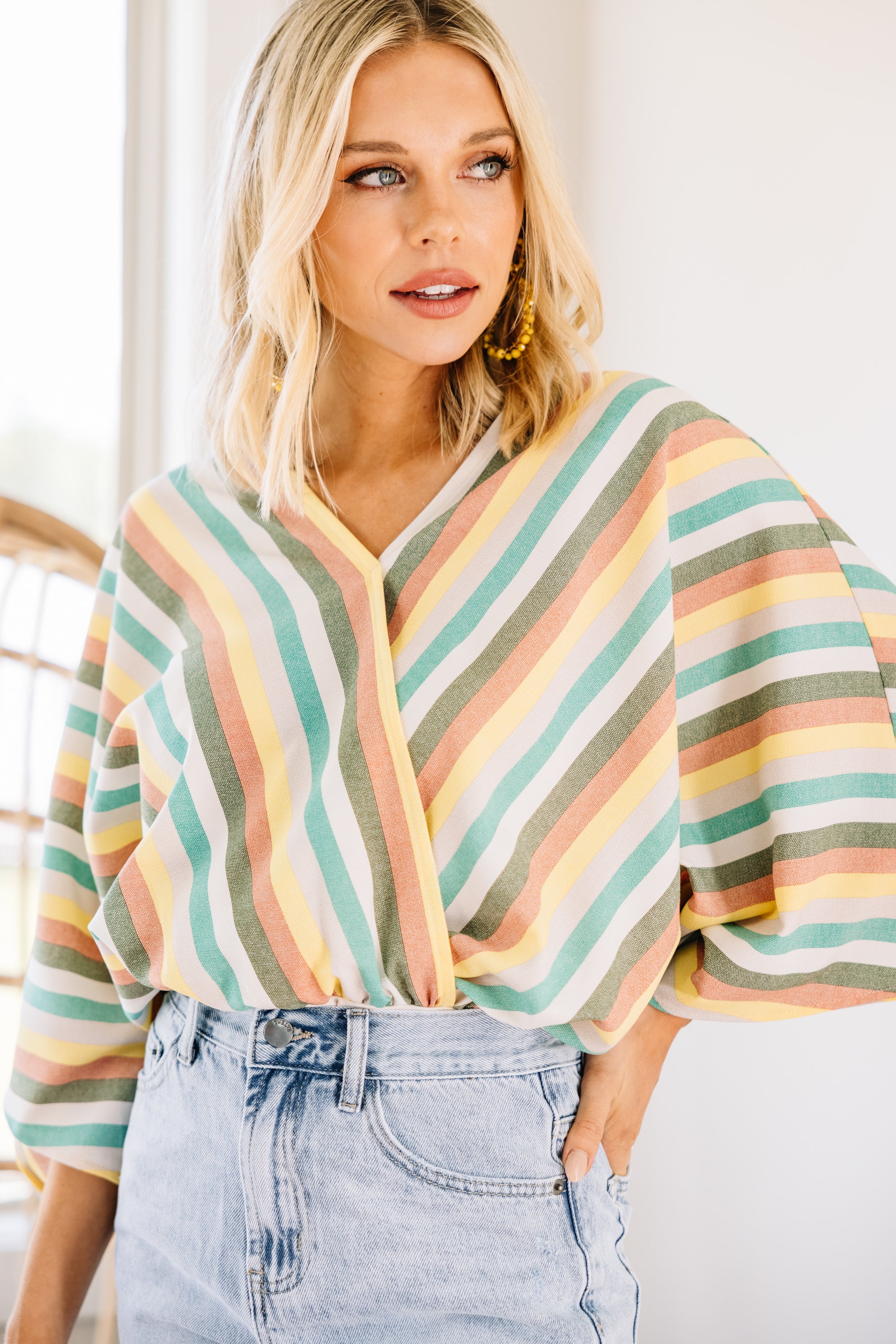 Gorgeous Groovy Gal Olive Green Striped Bodysuit