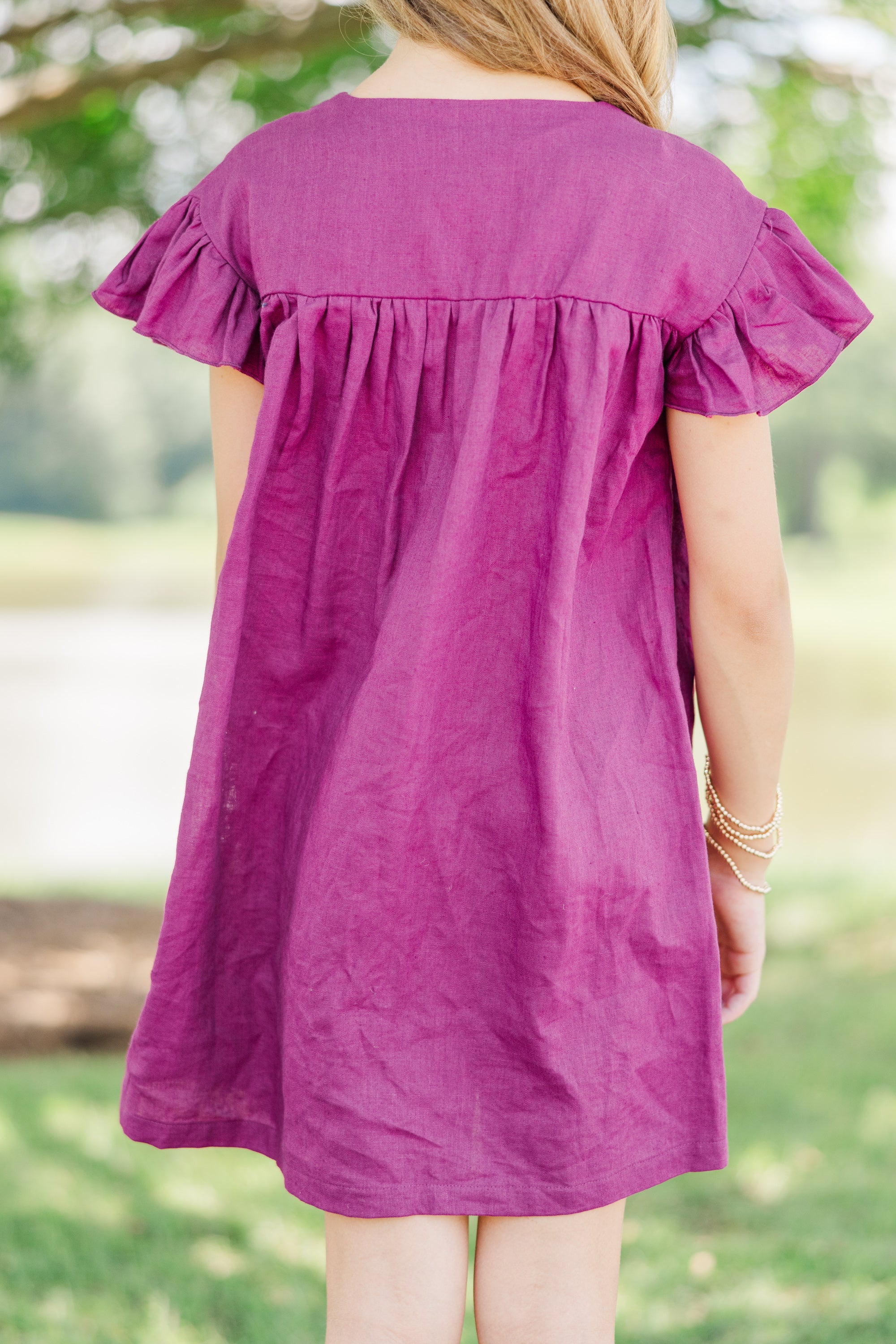Girls' Magenta Purple Linen 'See You Soon' Dress - Irresistible Style!