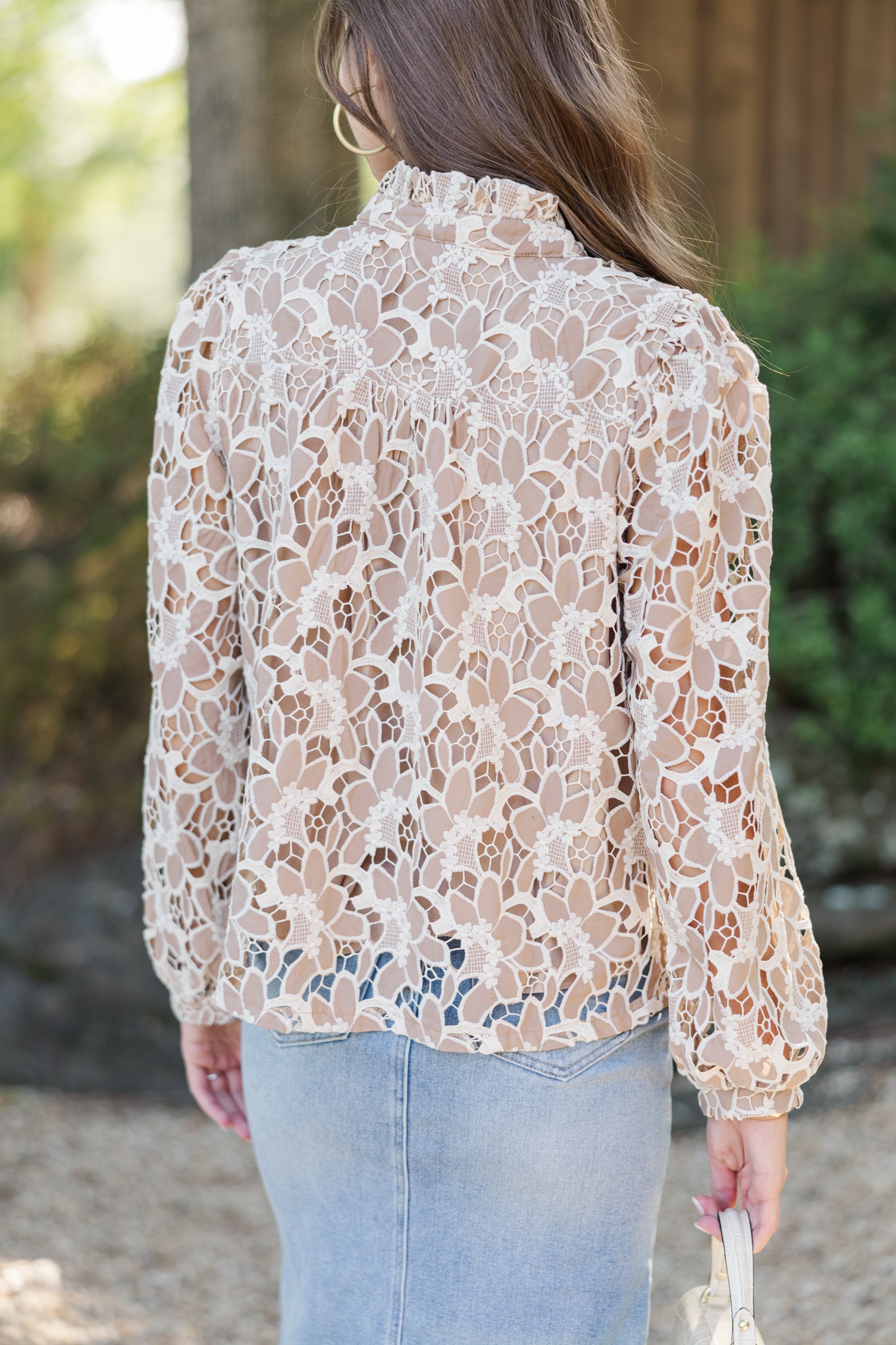 Fall-In-Love Taupe Crochet Blouse