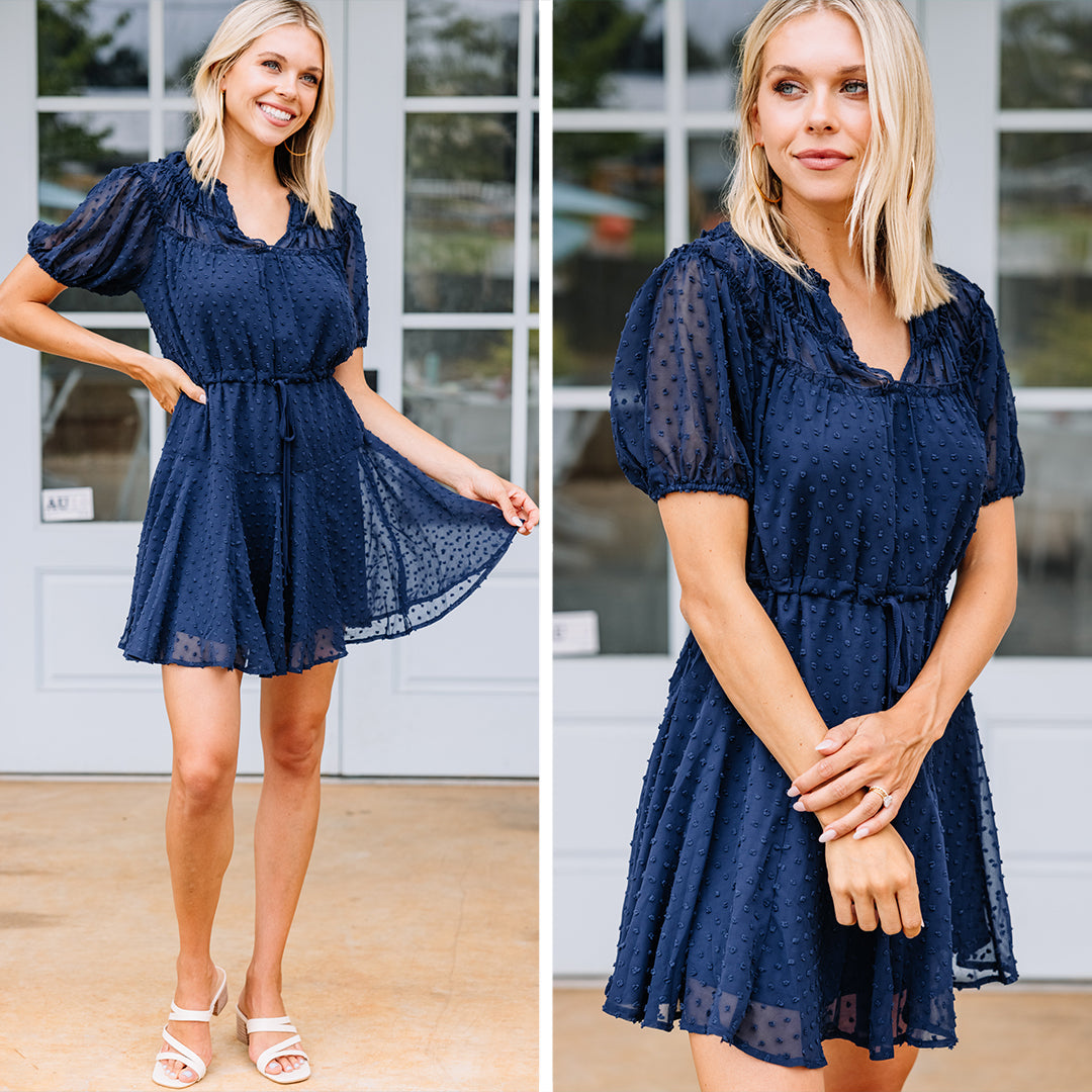 Enchanting Navy Blue Swiss Dot Dress - Be With You!