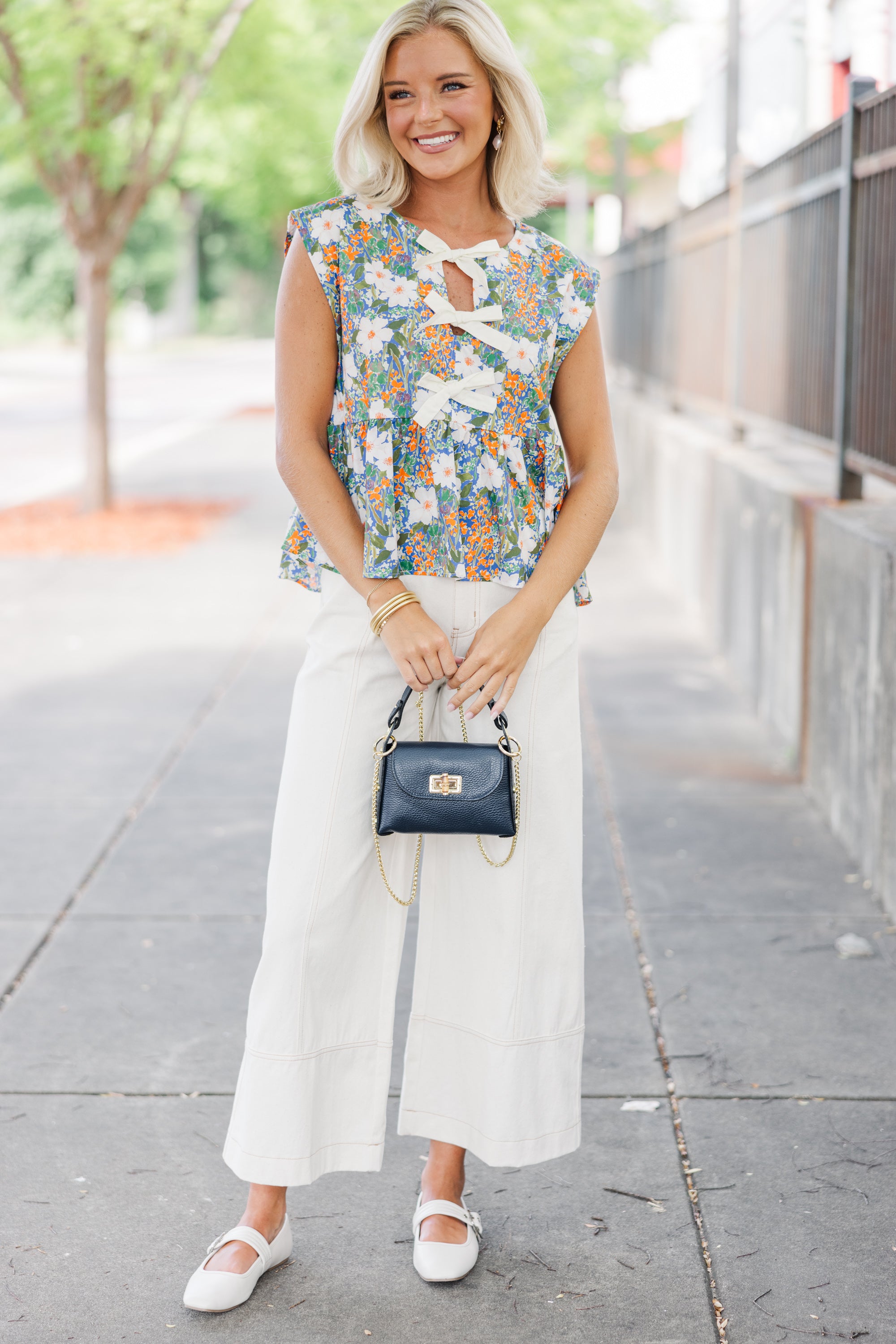 Charming Great Days Ahead Blue Bow Floral Blouse