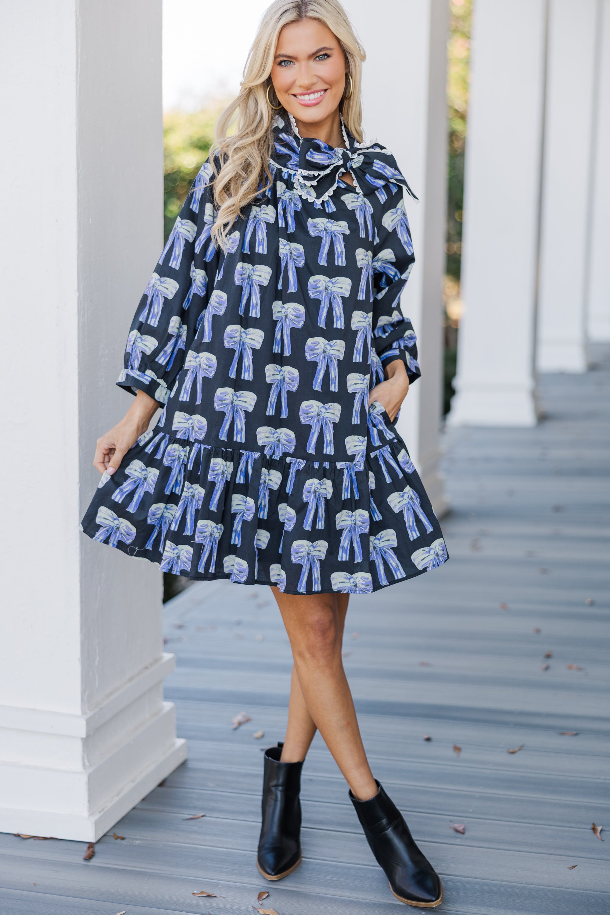 Gorgeous Black Bow Print Dress - Effortlessly Stylish!