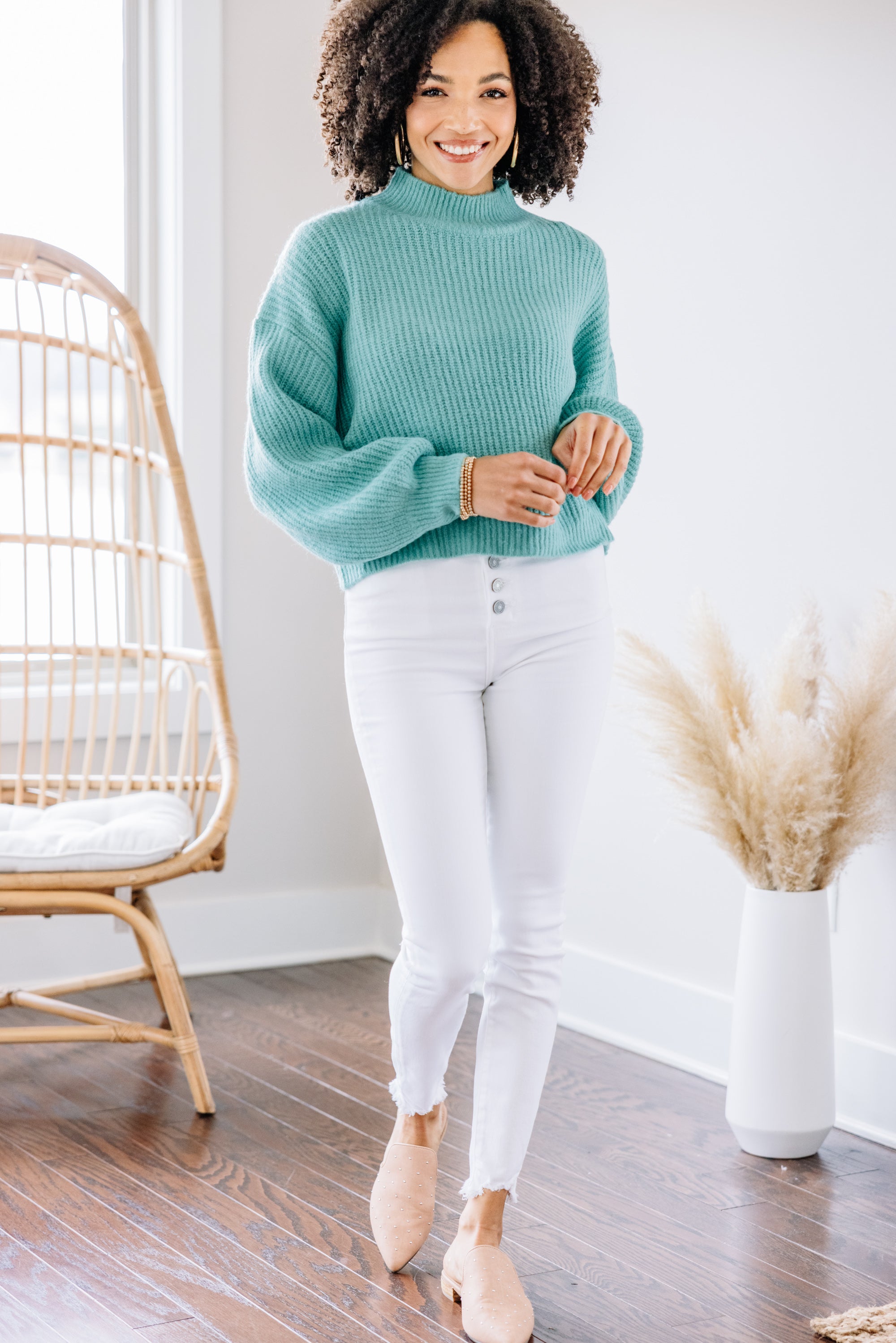 Gorgeous Jade Green Mock Neck Sweater - Be Happy to Own!