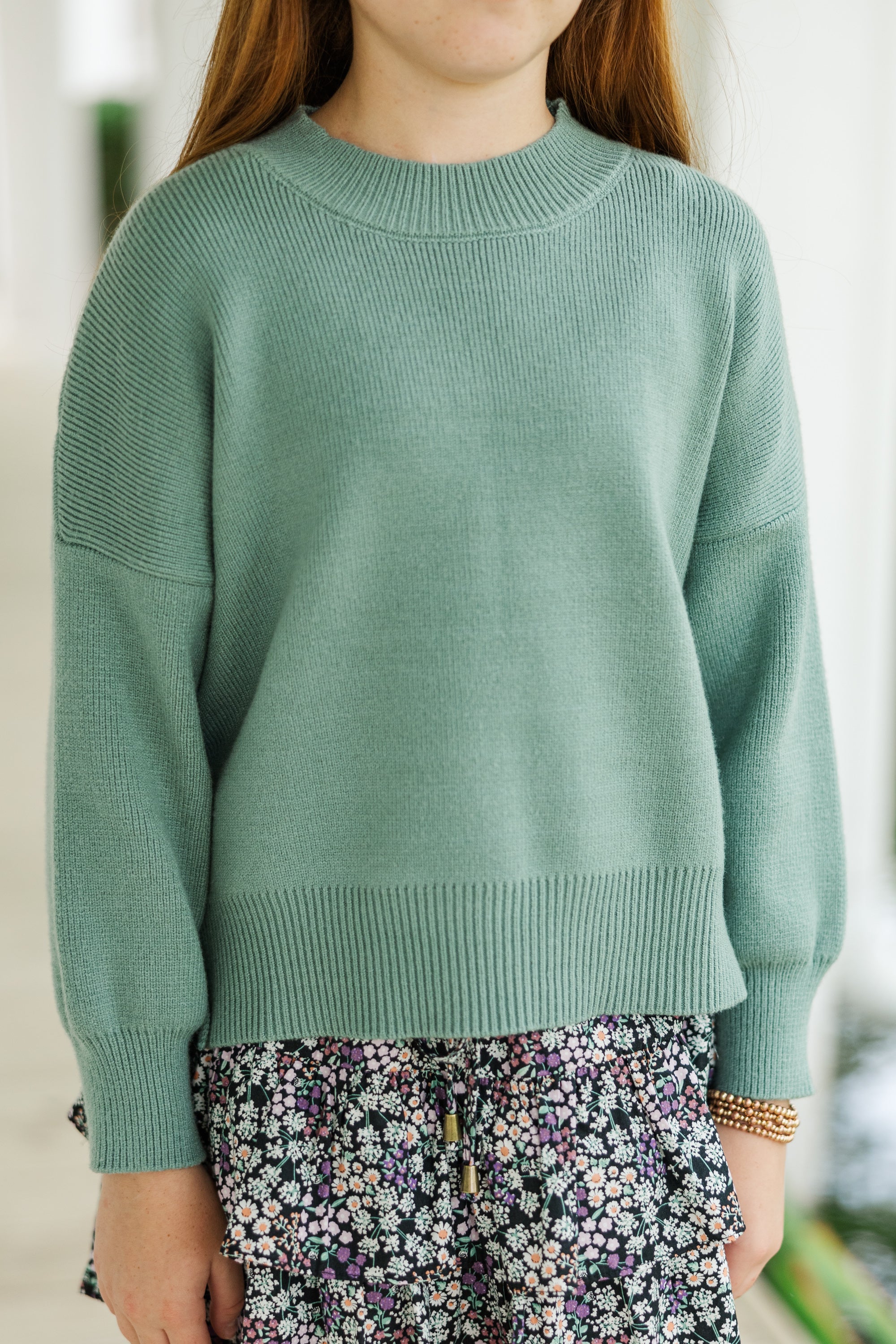 Girls' Dreamy Sage Green Mock Neck Sweater