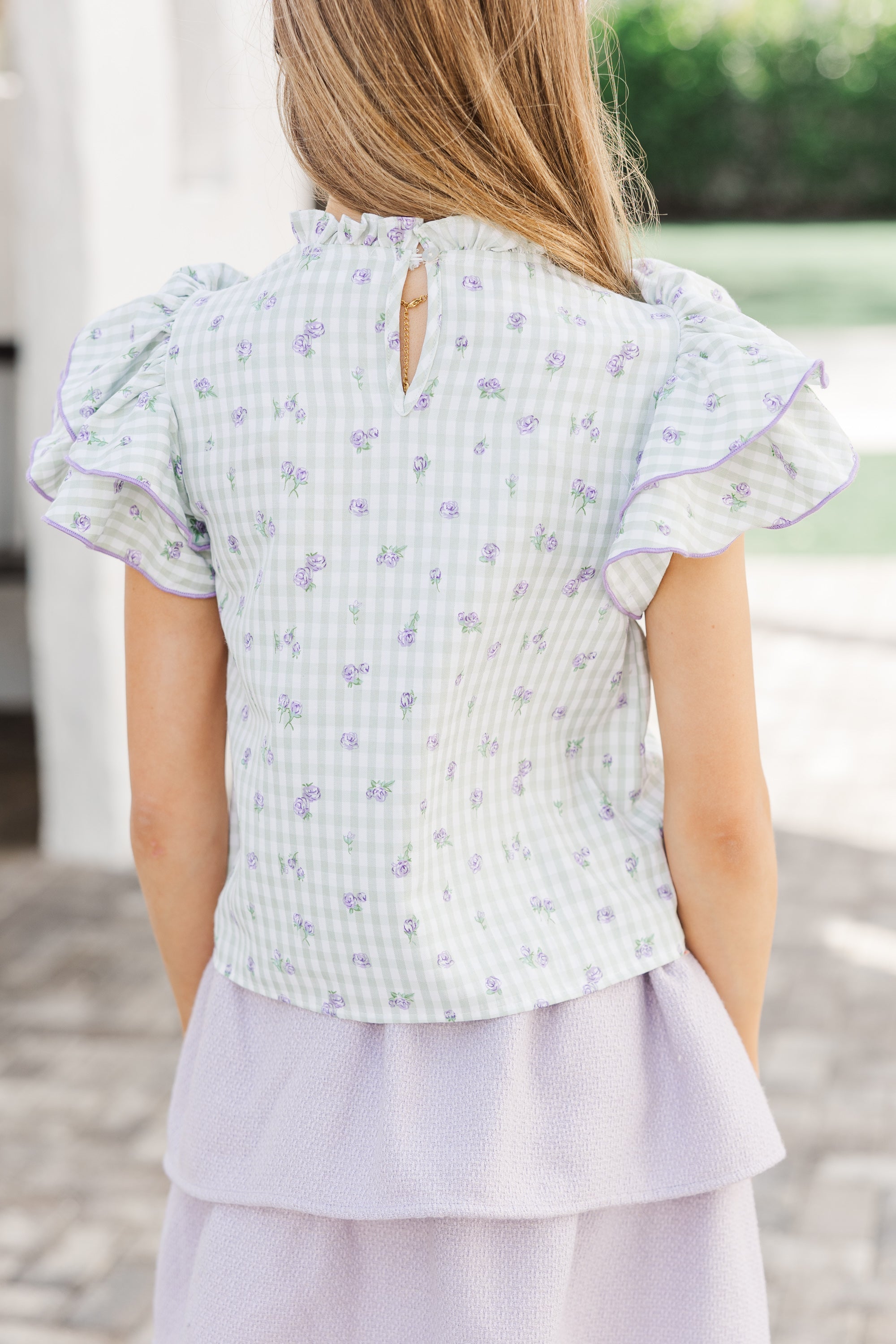 Adorable Girls' Sage Gingham Heart - Inspired Blouse
